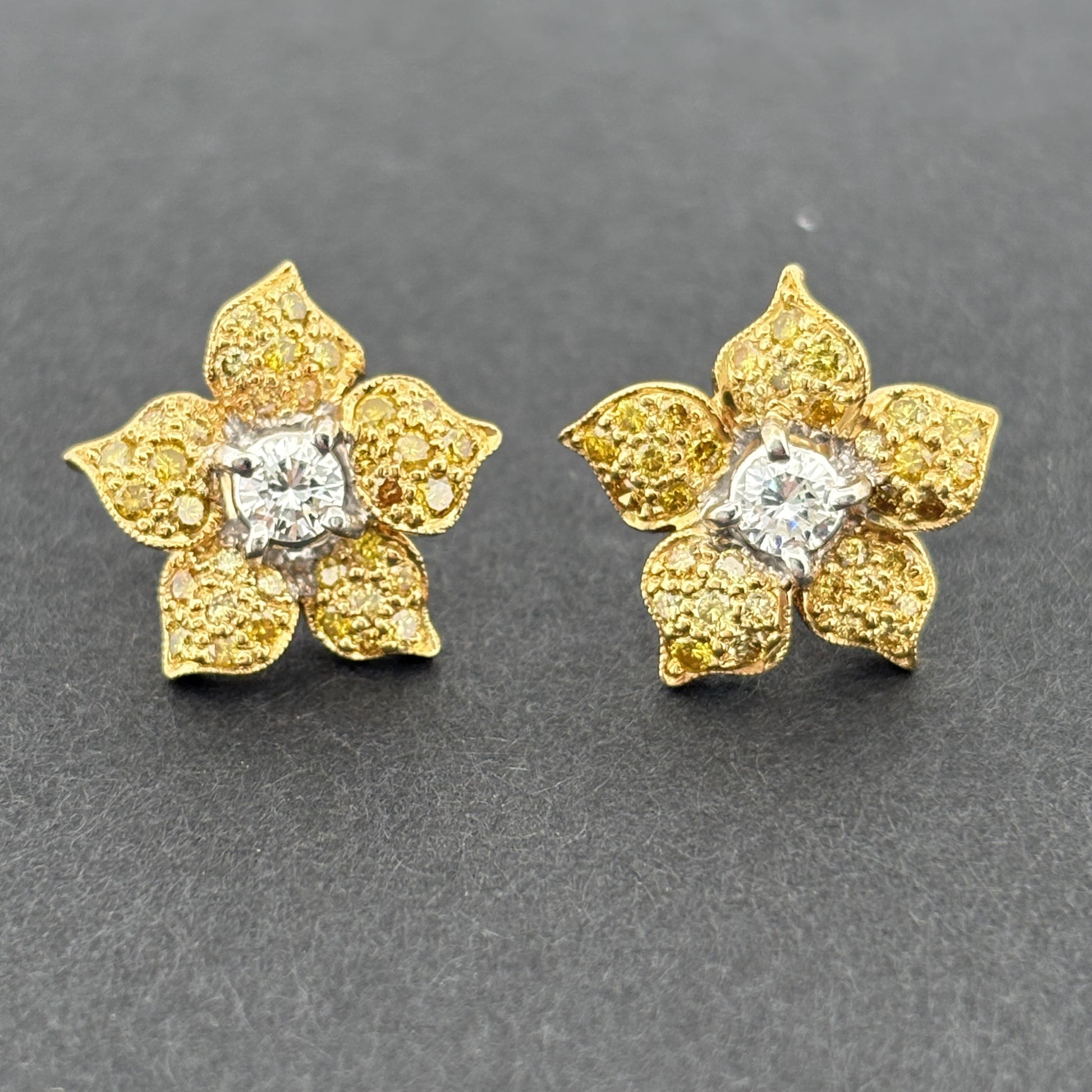 Estate Yellow & White Diamond Flower Stud Earrings 18k Yellow Gold