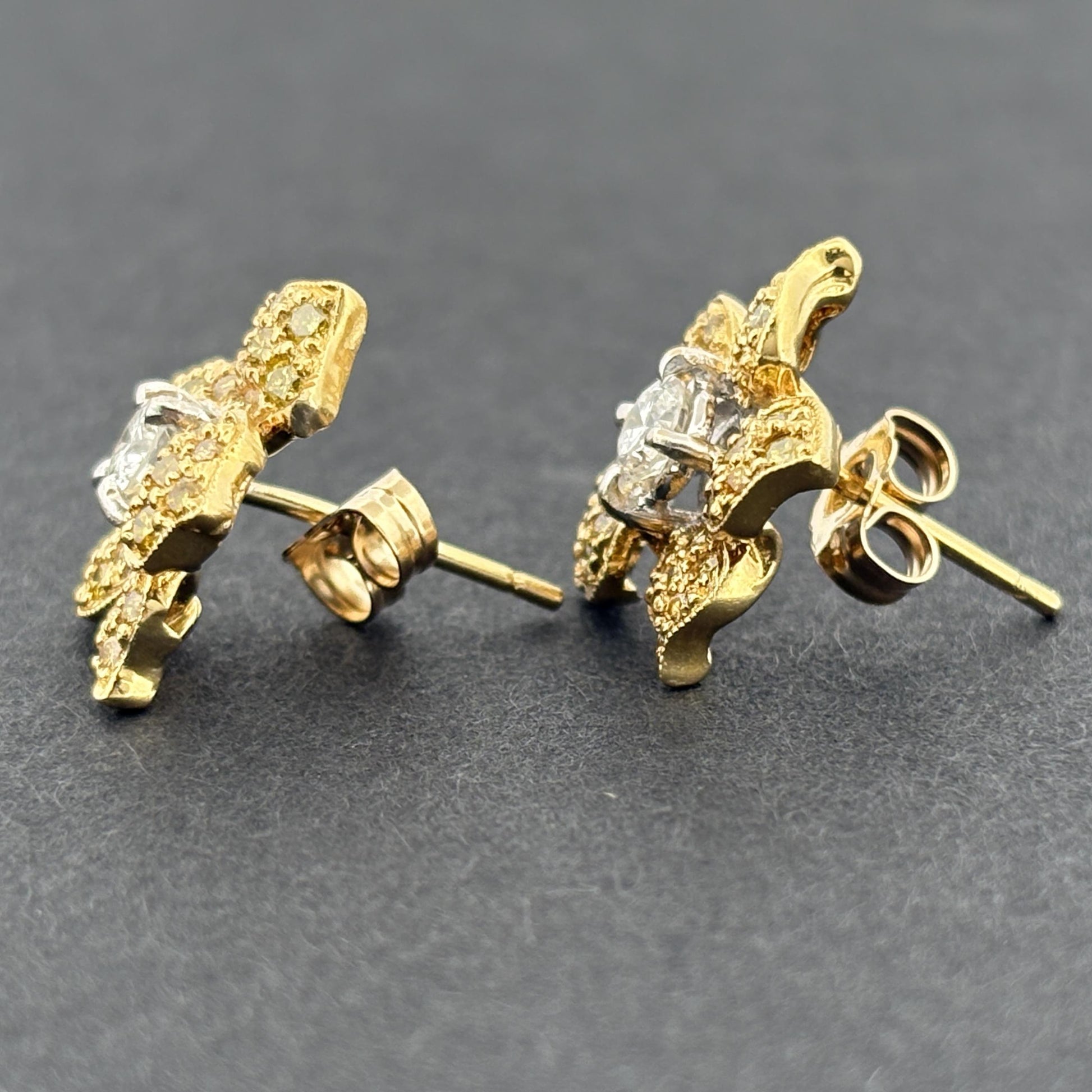 Estate Yellow & White Diamond Flower Stud Earrings 18k Yellow Gold