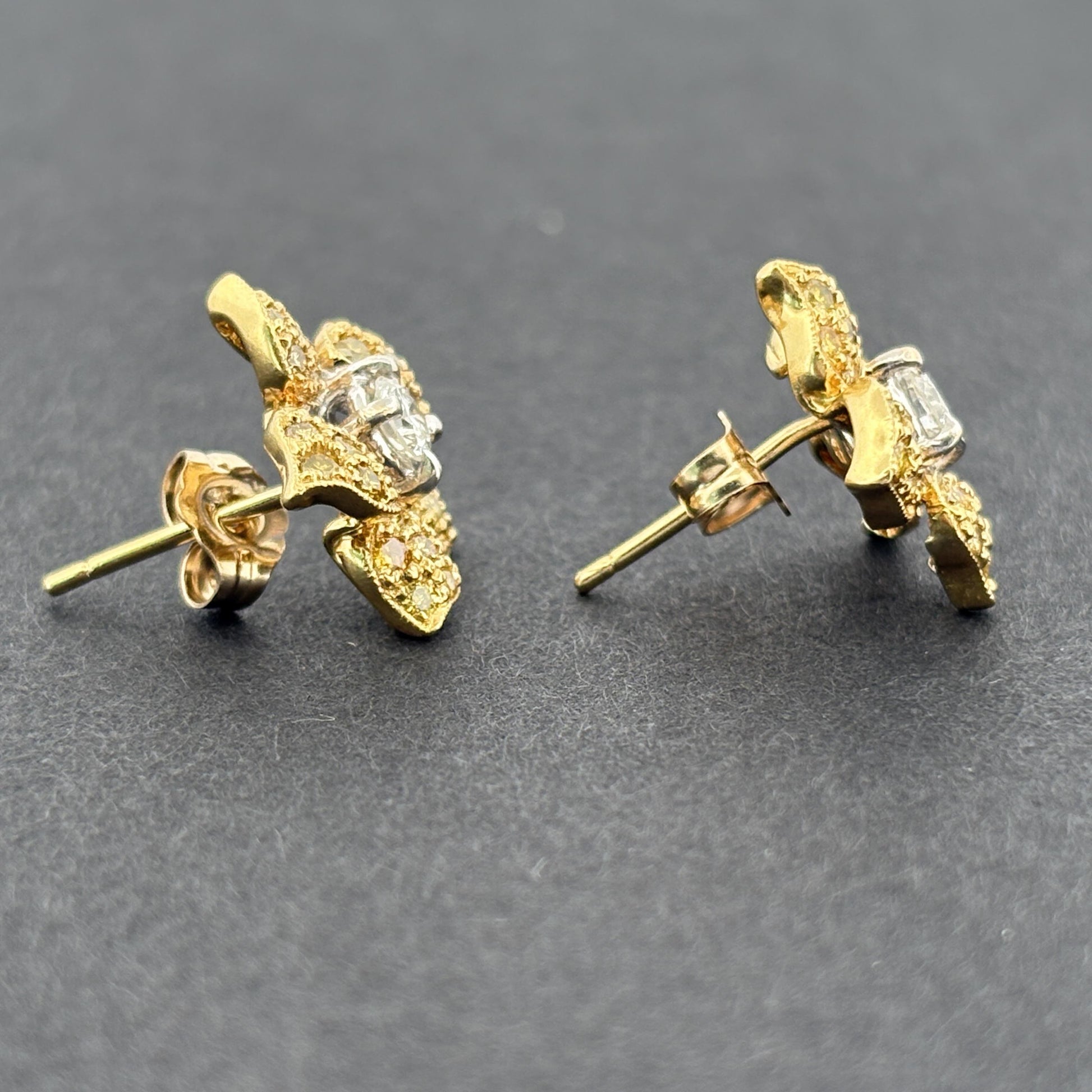 Estate Yellow & White Diamond Flower Stud Earrings 18k Yellow Gold