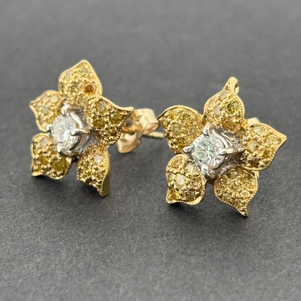 Estate Yellow & White Diamond Flower Stud Earrings 18k Yellow Gold