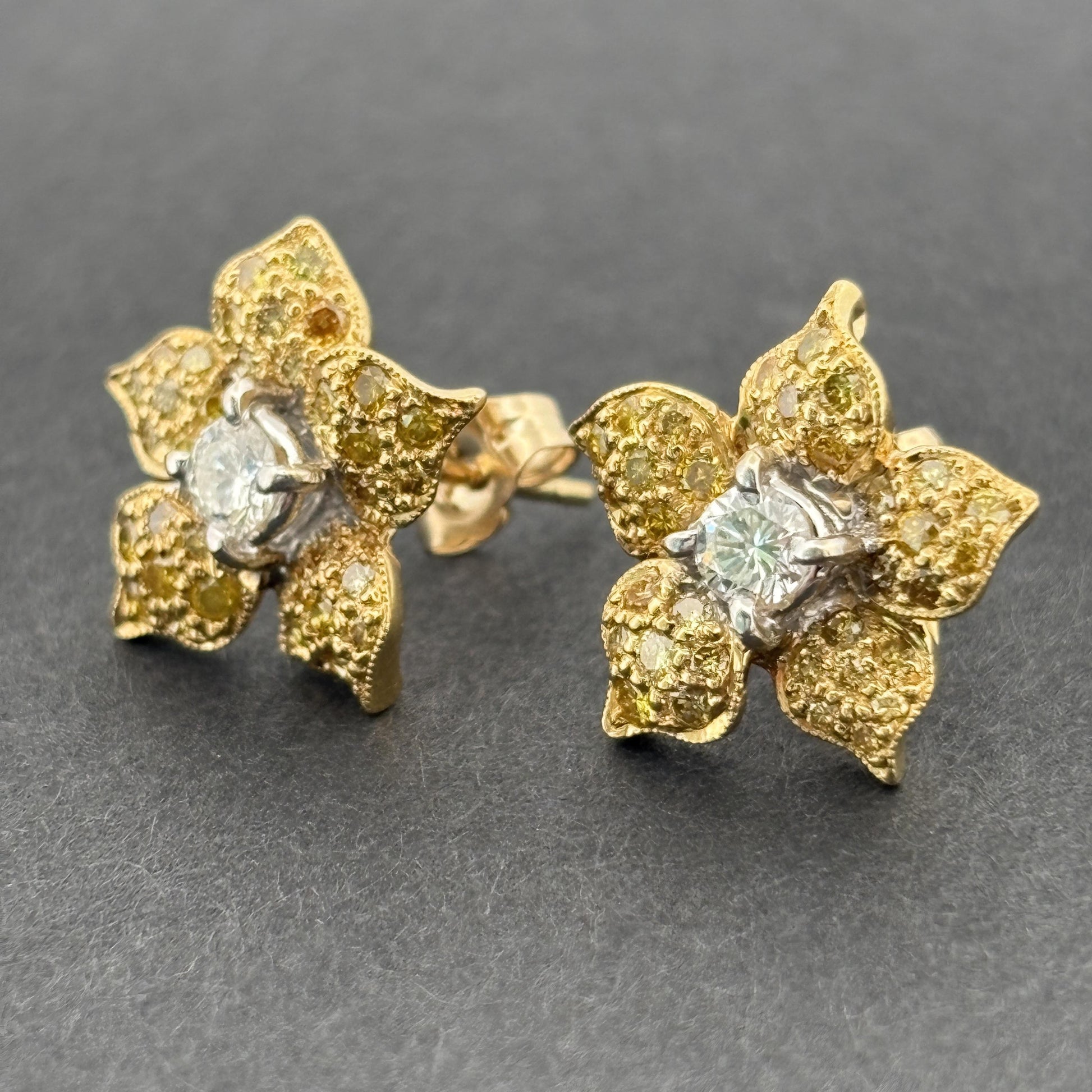 Estate Yellow & White Diamond Flower Stud Earrings 18k Yellow Gold