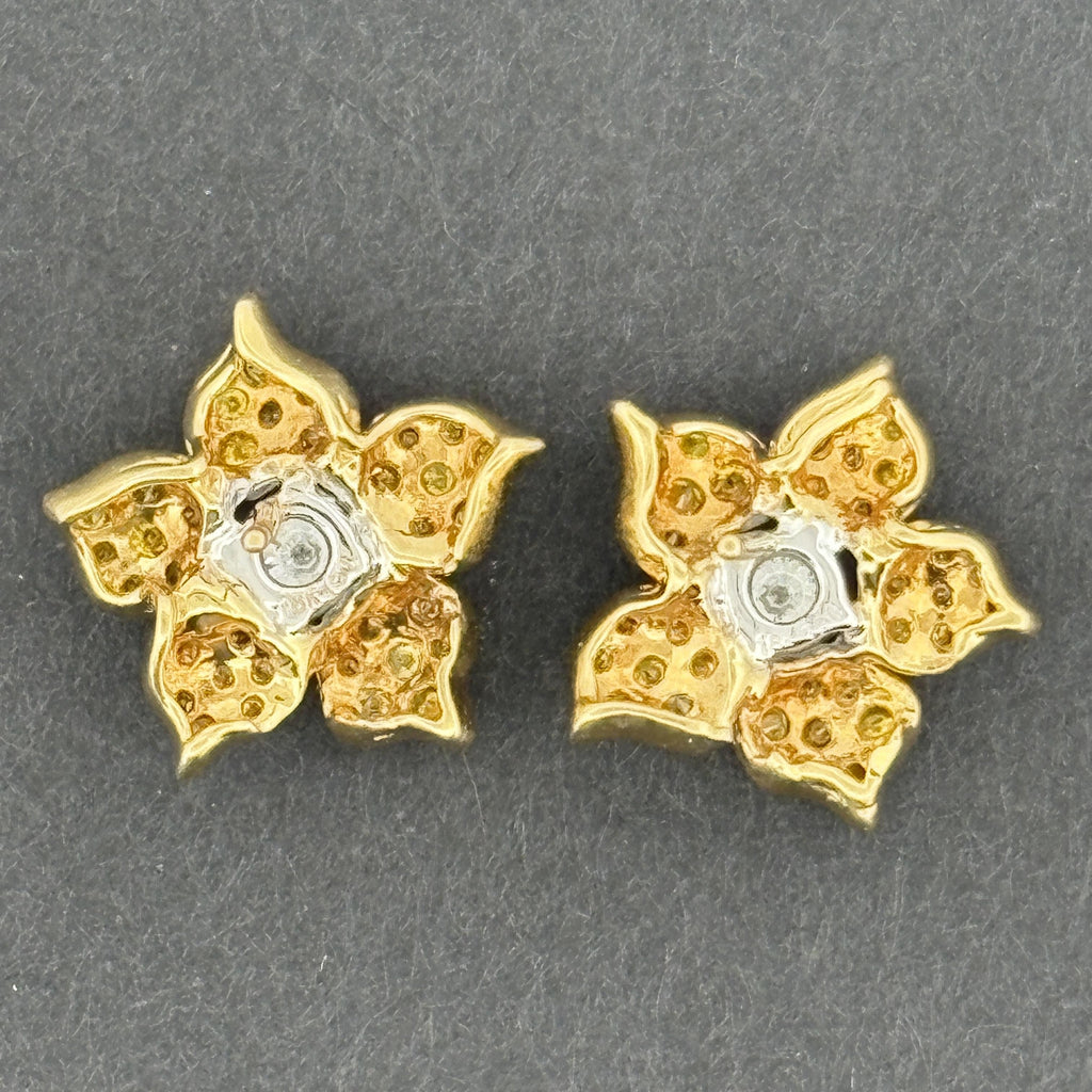 Estate Yellow & White Diamond Flower Stud Earrings 18k Yellow Gold