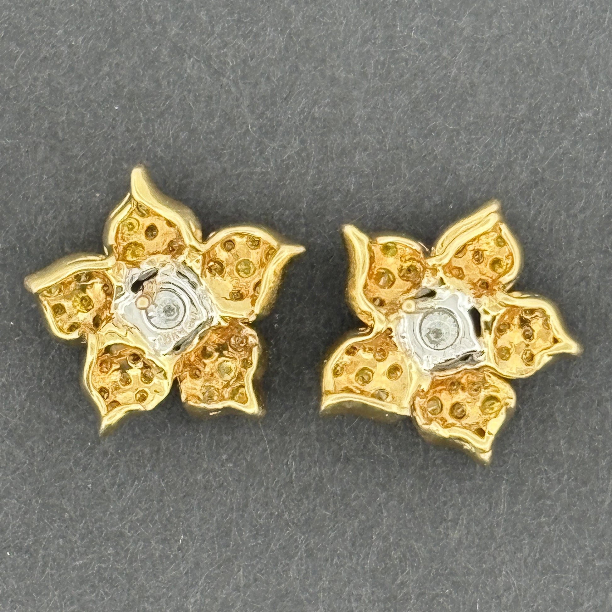 Estate Yellow & White Diamond Flower Stud Earrings 18k Yellow Gold