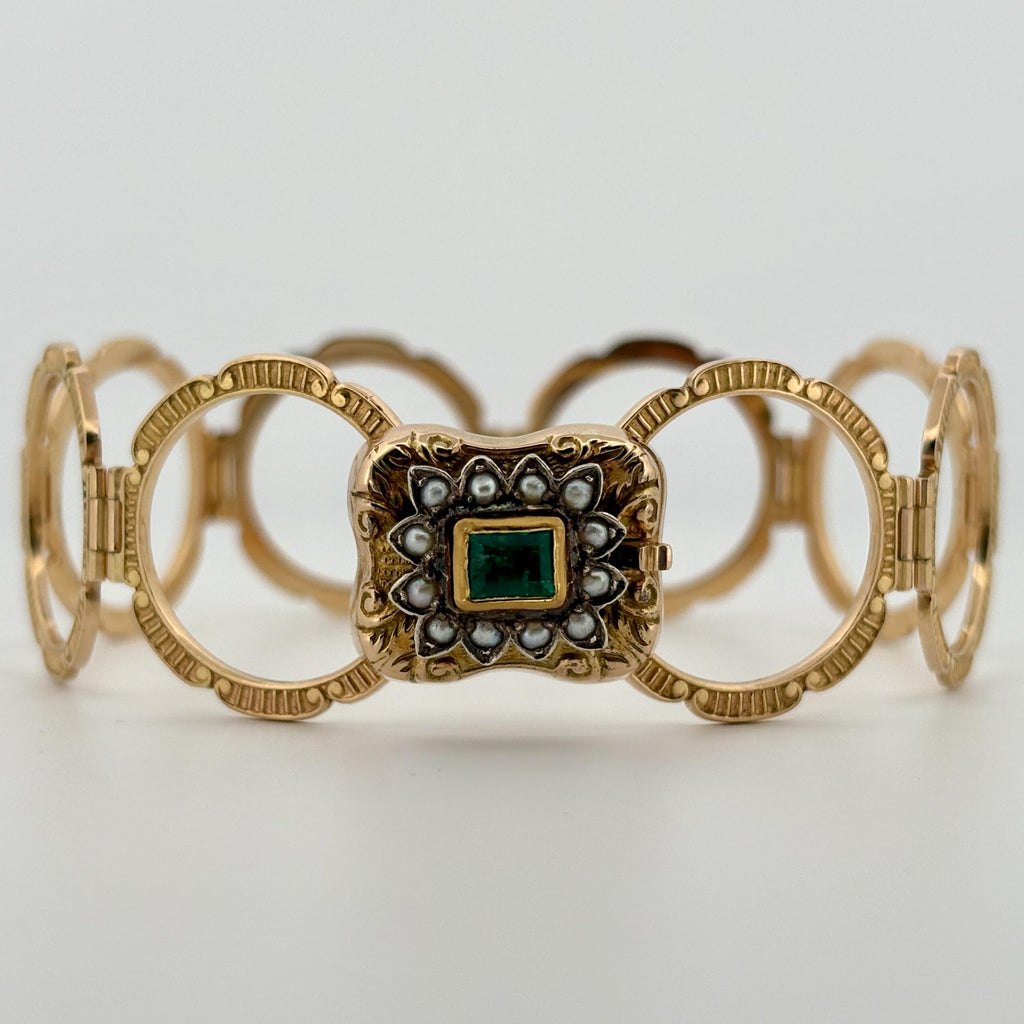 Vintage Convertible Emerald & Pearl Ring Bracelet 18k Yellow Gold Sz 6 1/2