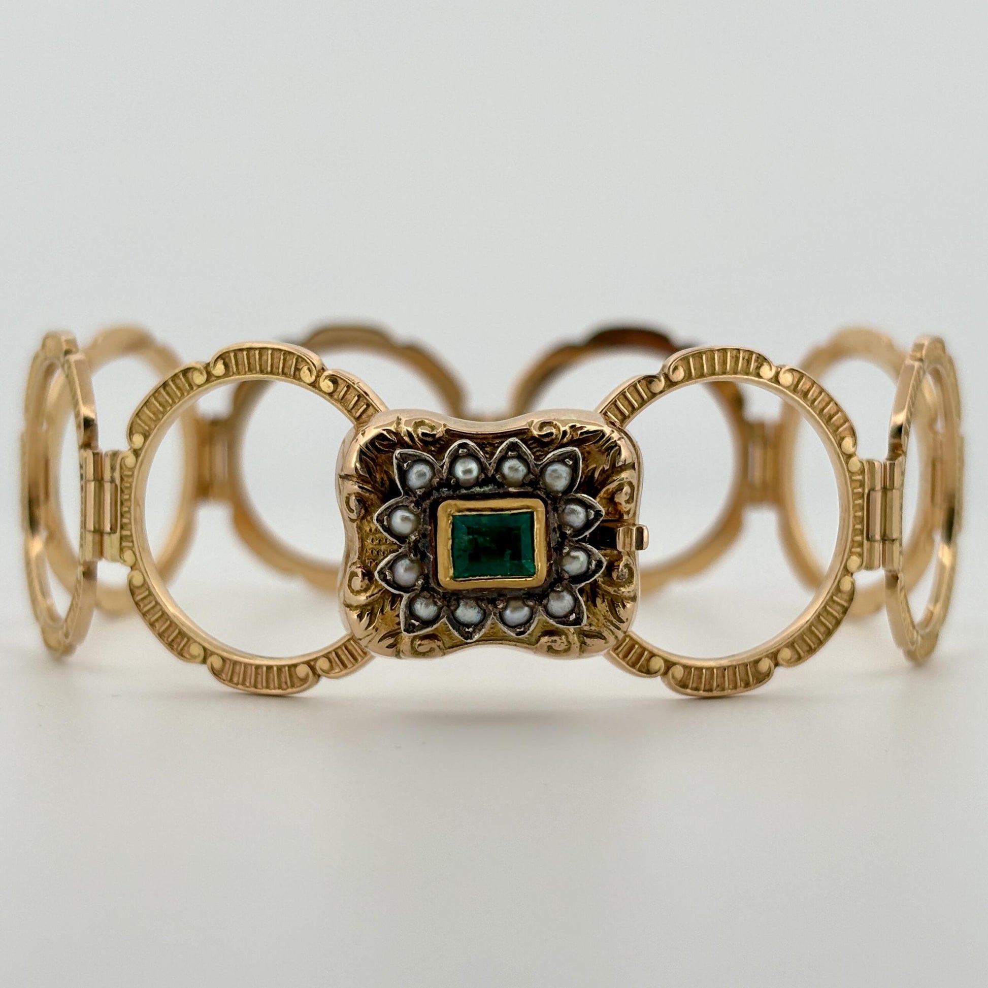 Vintage Convertible Emerald & Pearl Ring Bracelet 18k Yellow Gold Sz 6 1/2