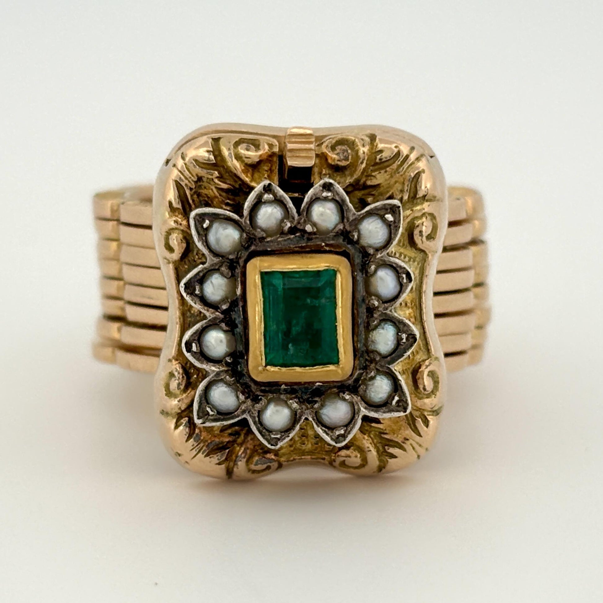 Vintage Convertible Emerald & Pearl Ring Bracelet 18k Yellow Gold Sz 6 1/2