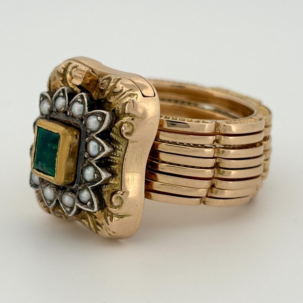 Vintage Convertible Emerald & Pearl Ring Bracelet 18k Yellow Gold Sz 6 1/2