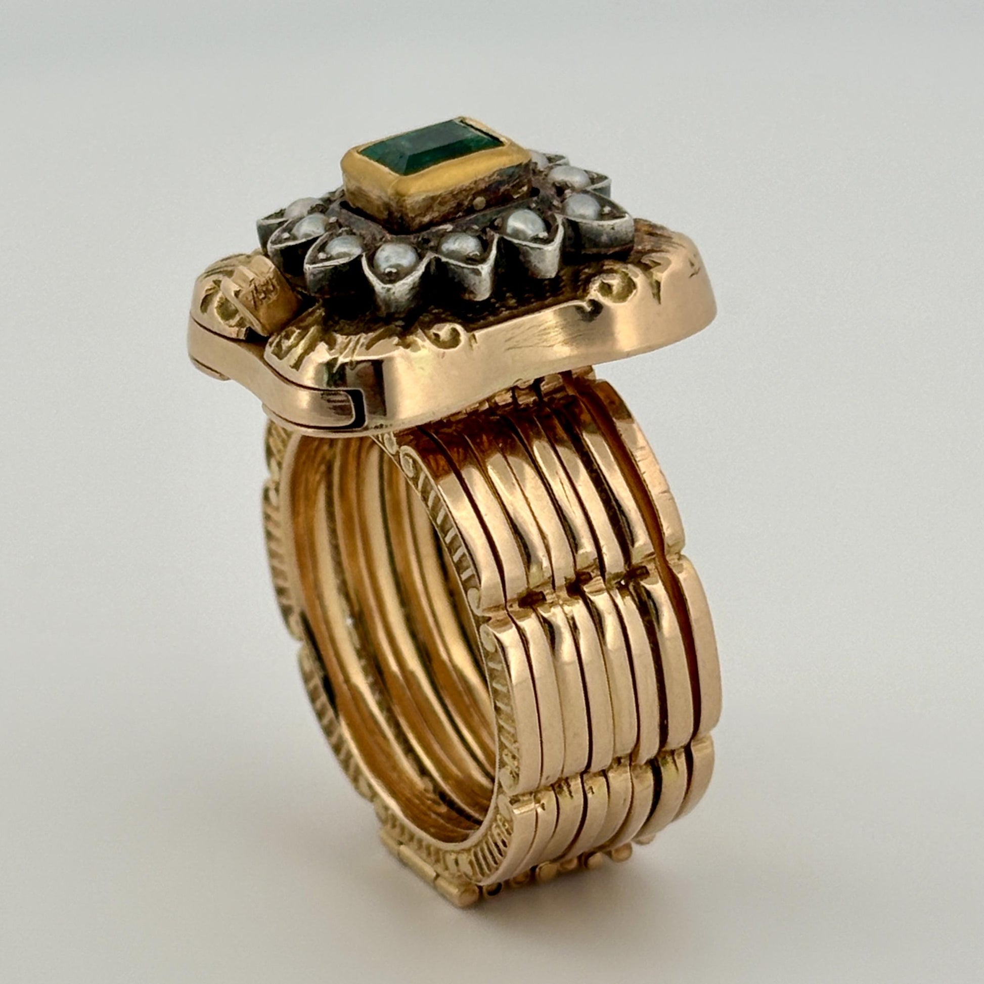 Vintage Convertible Emerald & Pearl Ring Bracelet 18k Yellow Gold Sz 6 1/2