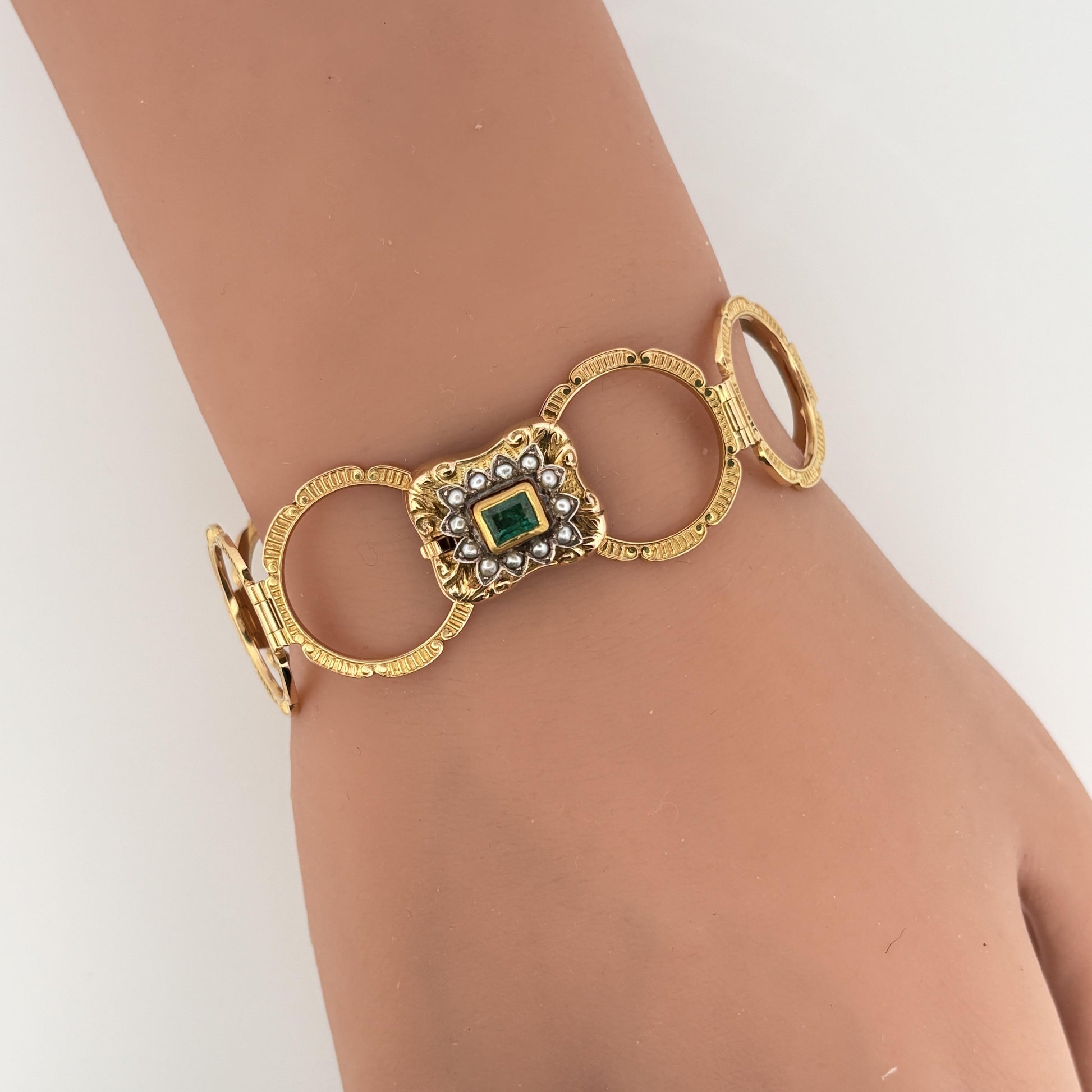 Vintage Convertible Emerald & Pearl Ring Bracelet 18k Yellow Gold Sz 6 1/2