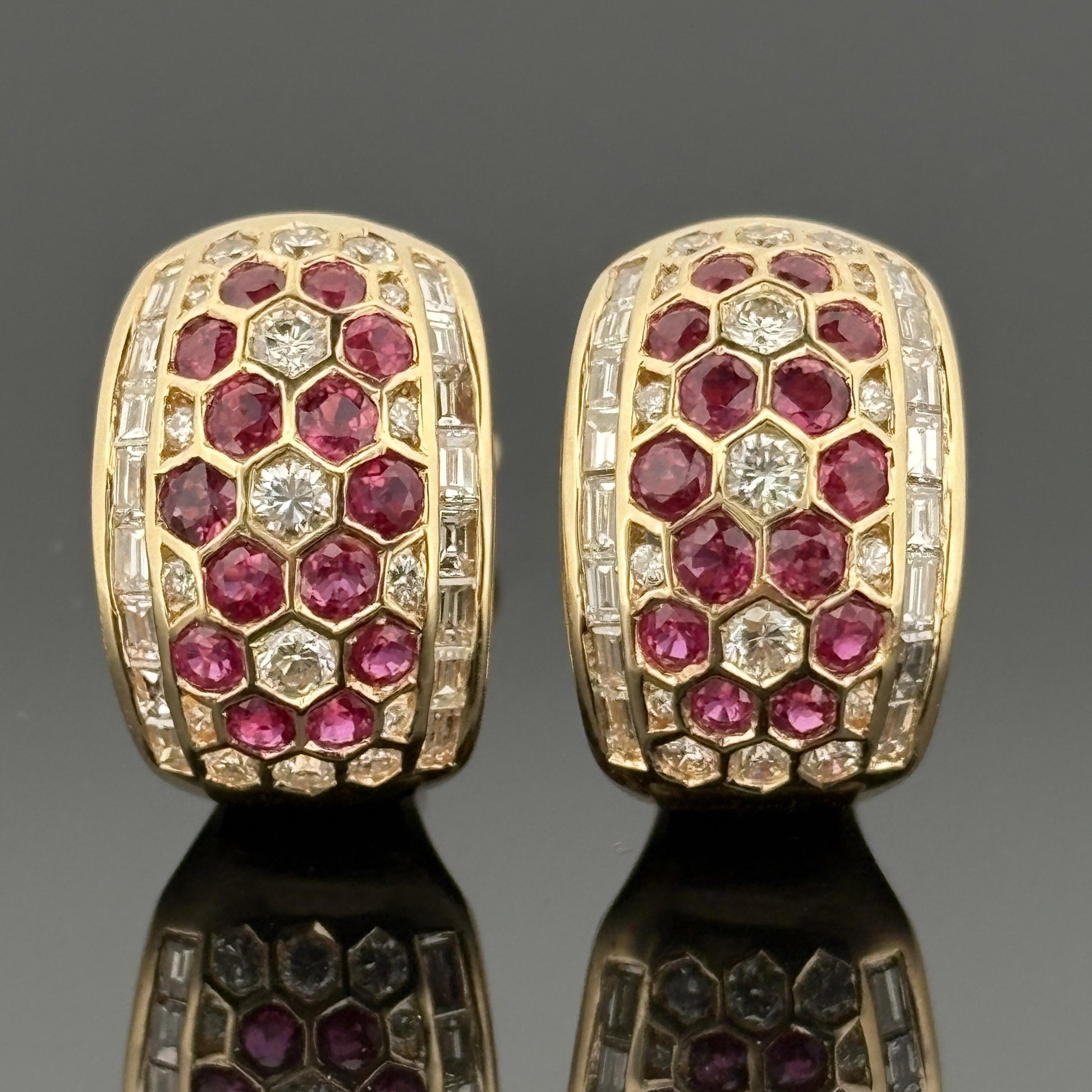 Ruby & Diamond 18k Yellow Gold Honeycomb Hoop Earrings 3.75ctw
