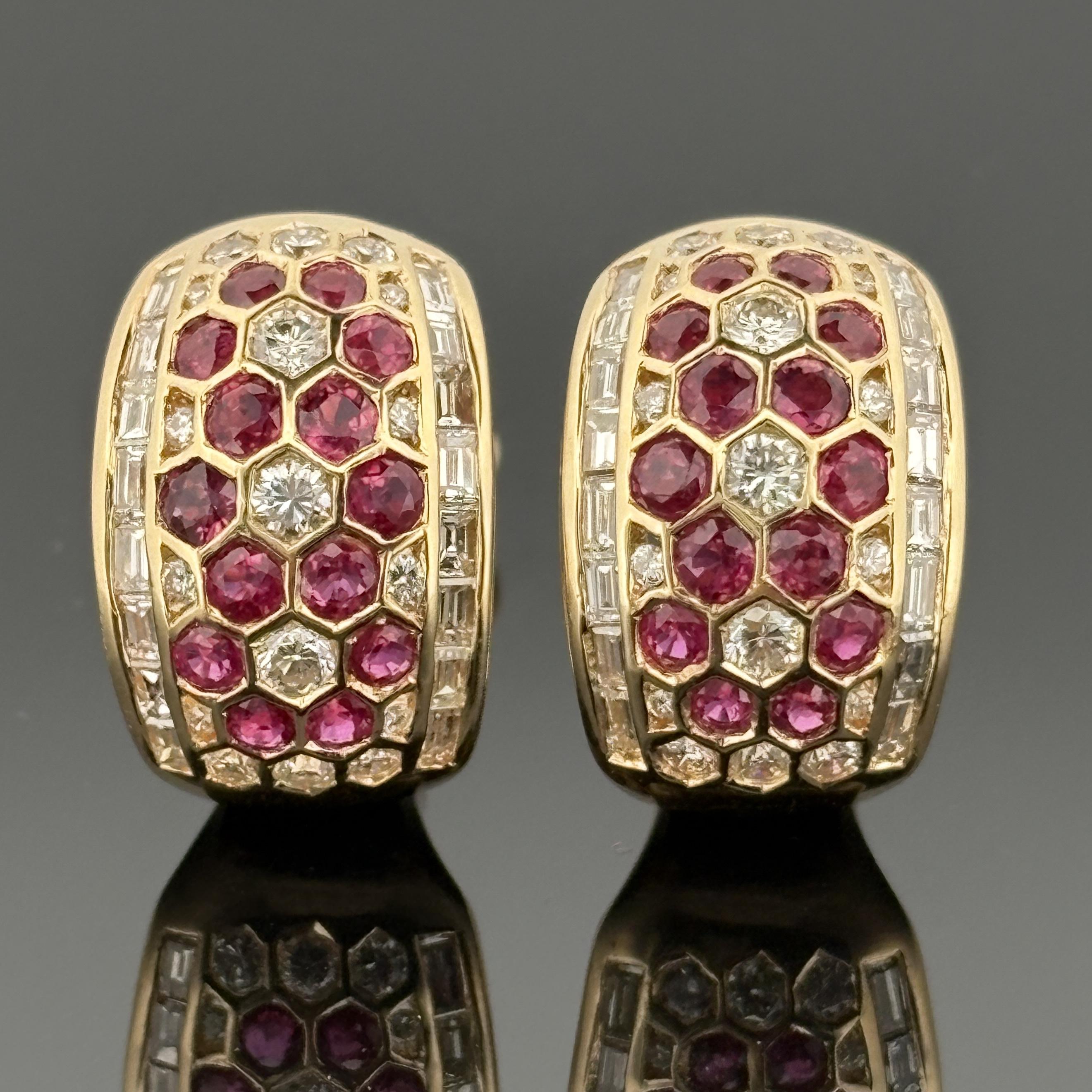 Ruby & Diamond 18k Yellow Gold Honeycomb Hoop Earrings 3.75ctw