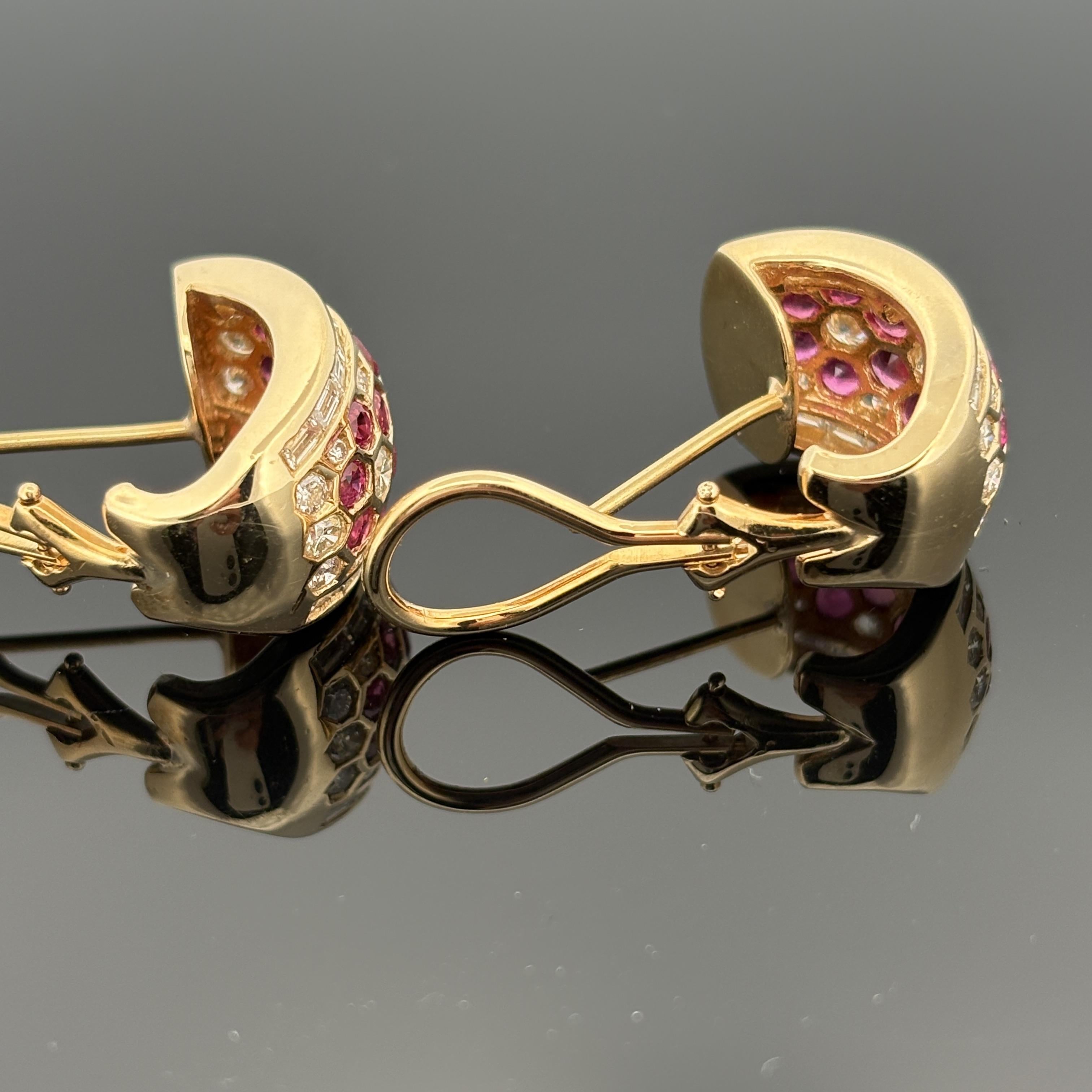 Ruby & Diamond 18k Yellow Gold Honeycomb Hoop Earrings 3.75ctw