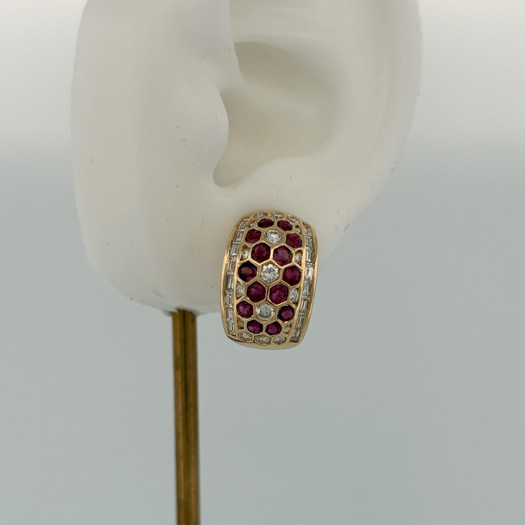Ruby & Diamond 18k Yellow Gold Honeycomb Hoop Earrings 3.75ctw