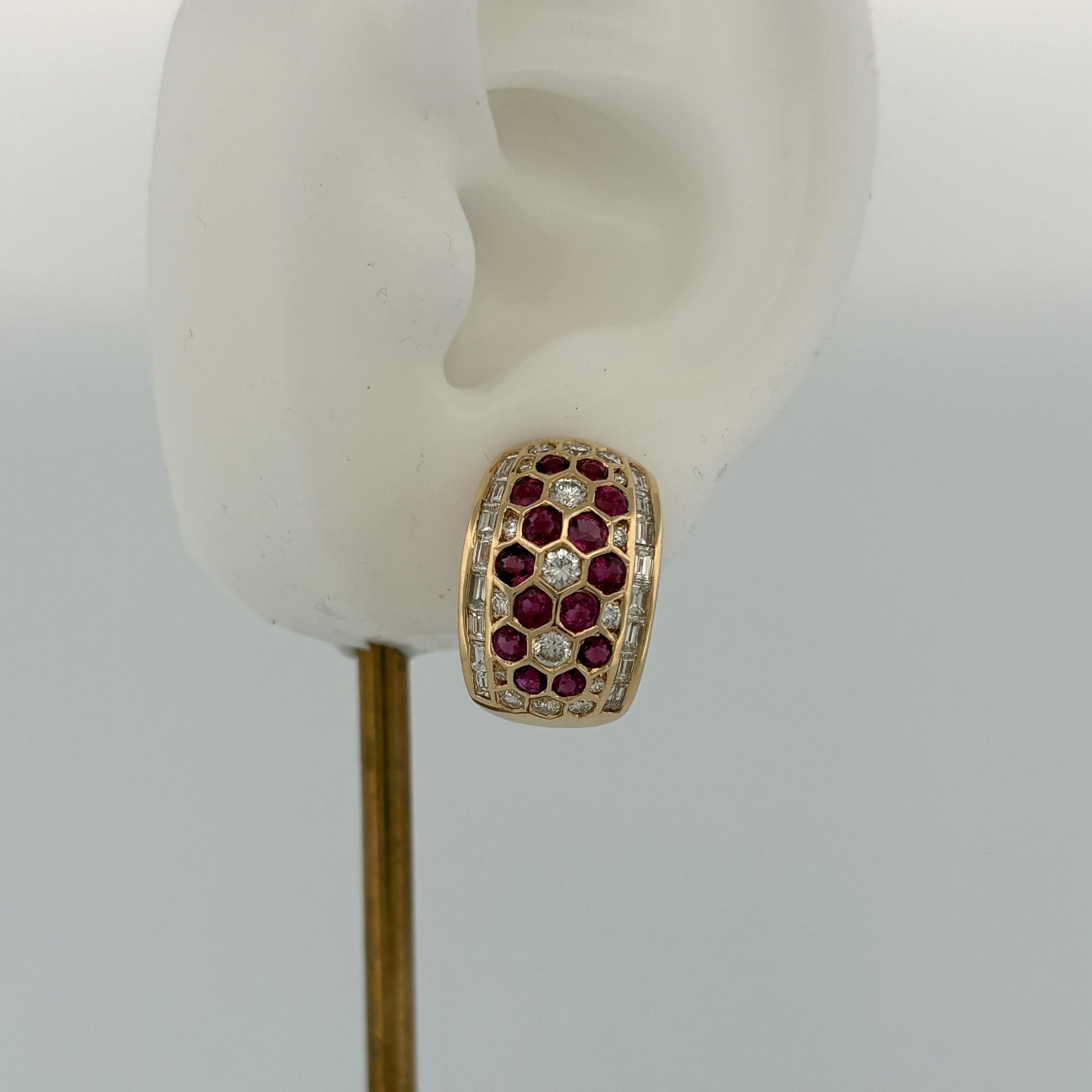 Ruby & Diamond 18k Yellow Gold Honeycomb Hoop Earrings 3.75ctw