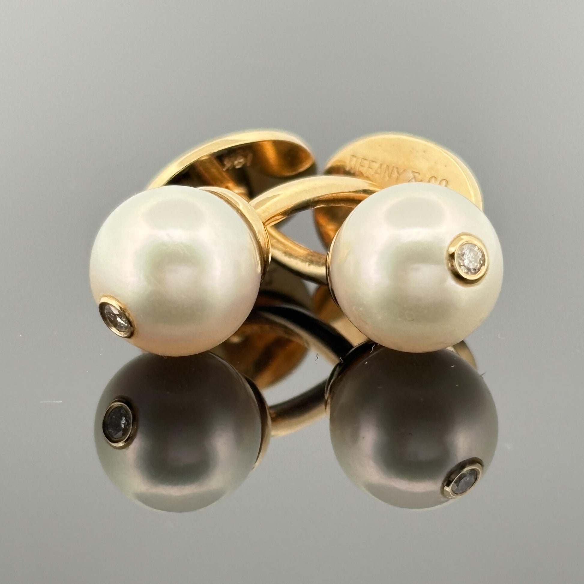 Vintage Tiffany & Co Akoya Pearl Cufflinks w/ Diamond Accent - 14k Yellow Gold