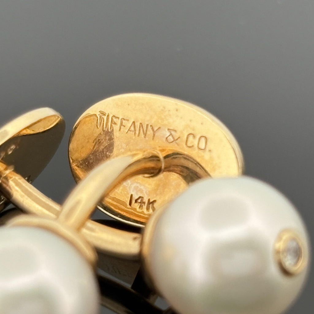 Vintage Tiffany & Co Akoya Pearl Cufflinks w/ Diamond Accent - 14k Yellow Gold