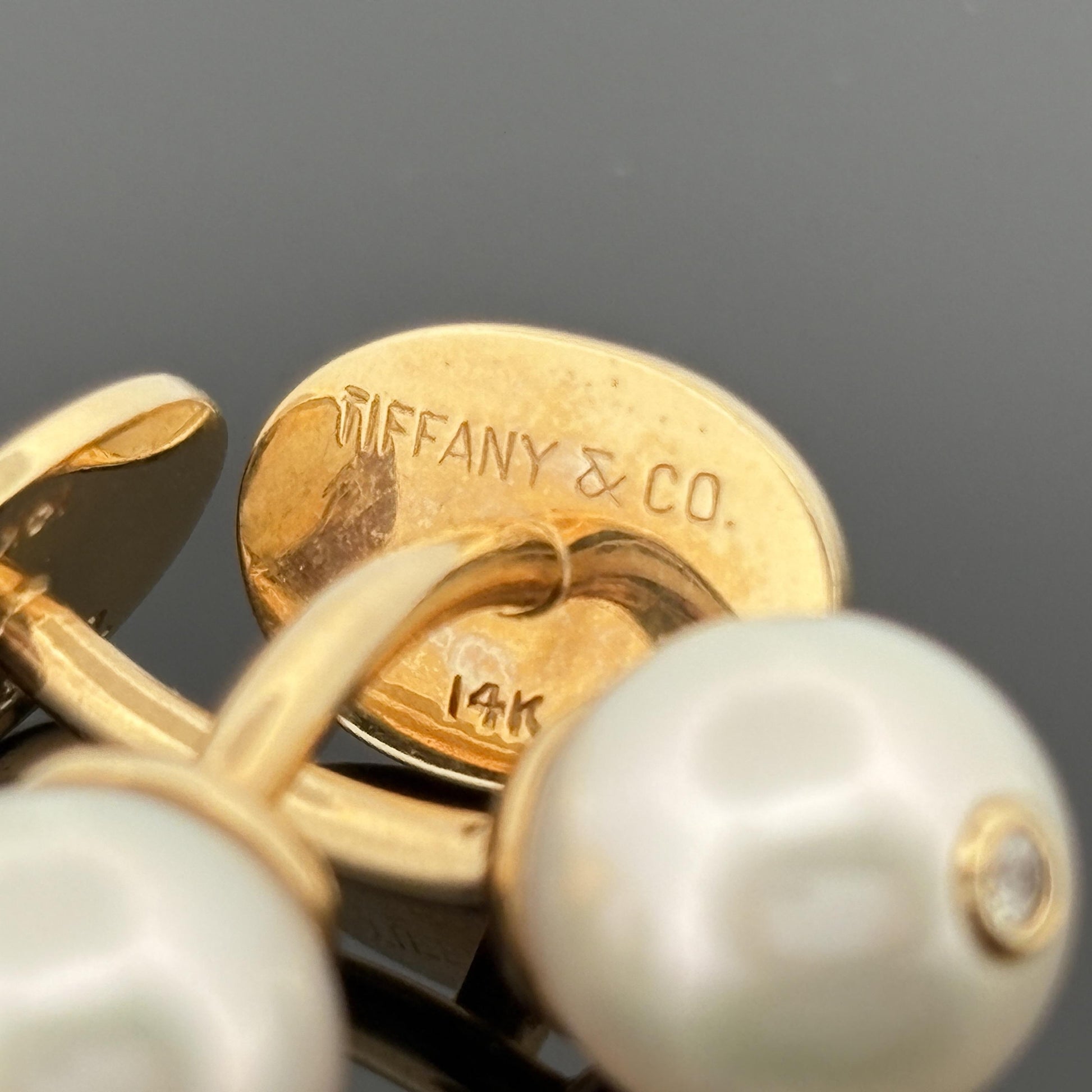 Vintage Tiffany & Co Akoya Pearl Cufflinks w/ Diamond Accent - 14k Yellow Gold