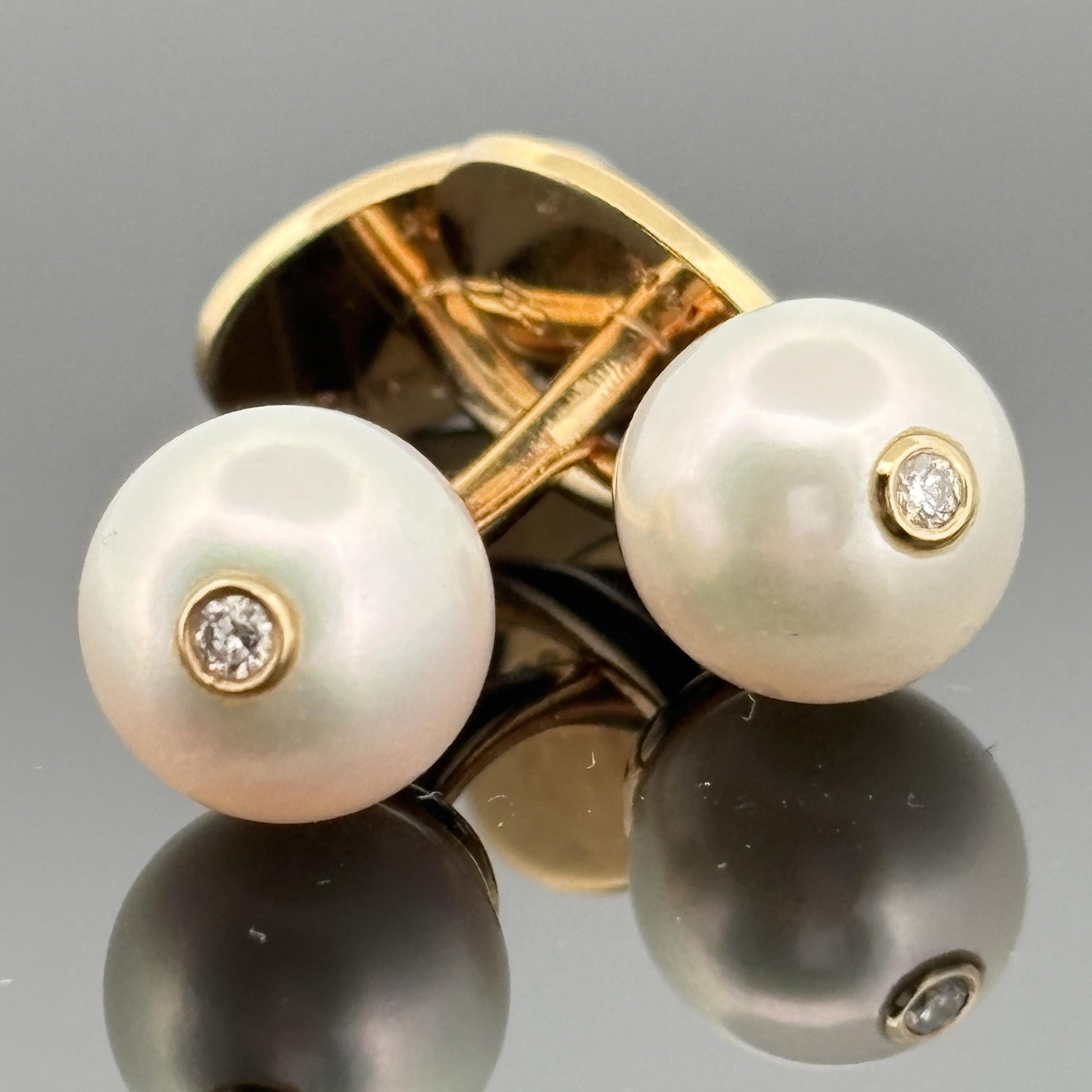 Vintage Tiffany & Co Akoya Pearl Cufflinks w/ Diamond Accent - 14k Yellow Gold