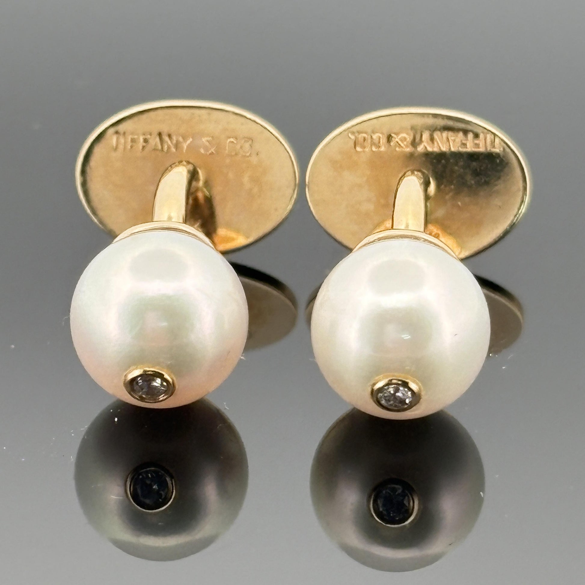 Vintage Tiffany & Co Akoya Pearl Cufflinks w/ Diamond Accent - 14k Yellow Gold