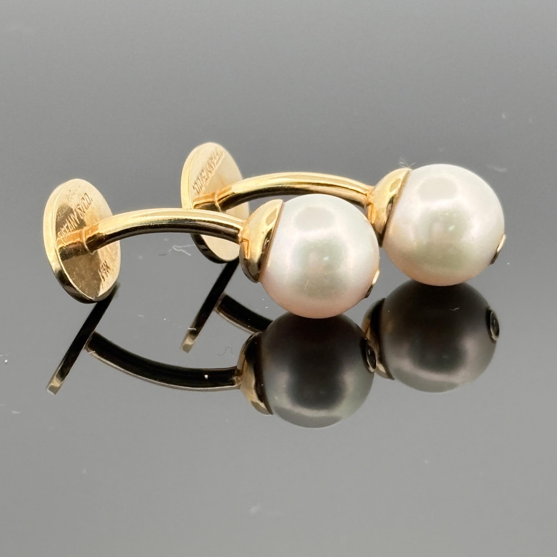 Vintage Tiffany & Co Akoya Pearl Cufflinks w/ Diamond Accent - 14k Yellow Gold