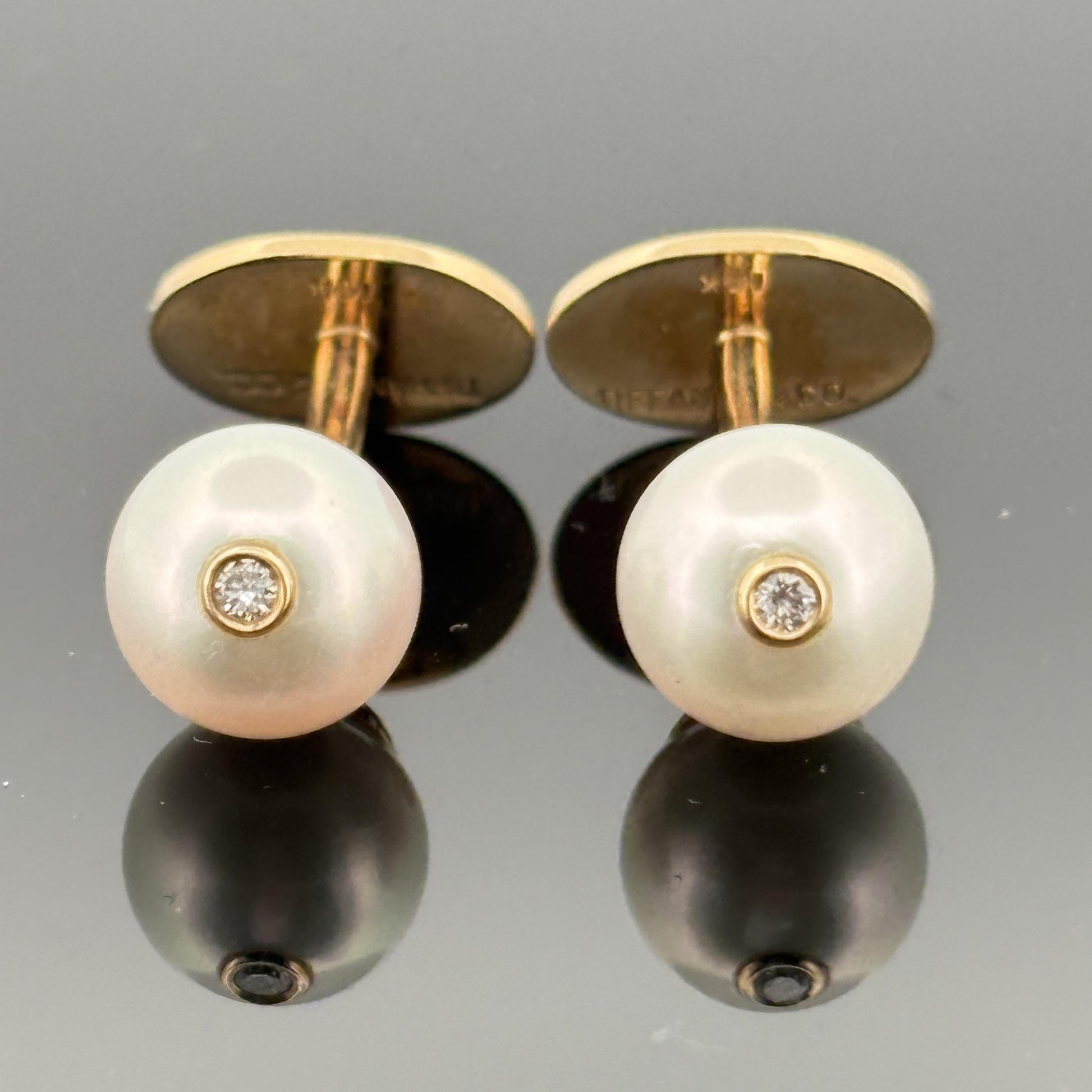 Vintage Tiffany & Co Akoya Pearl Cufflinks w/ Diamond Accent - 14k Yellow Gold