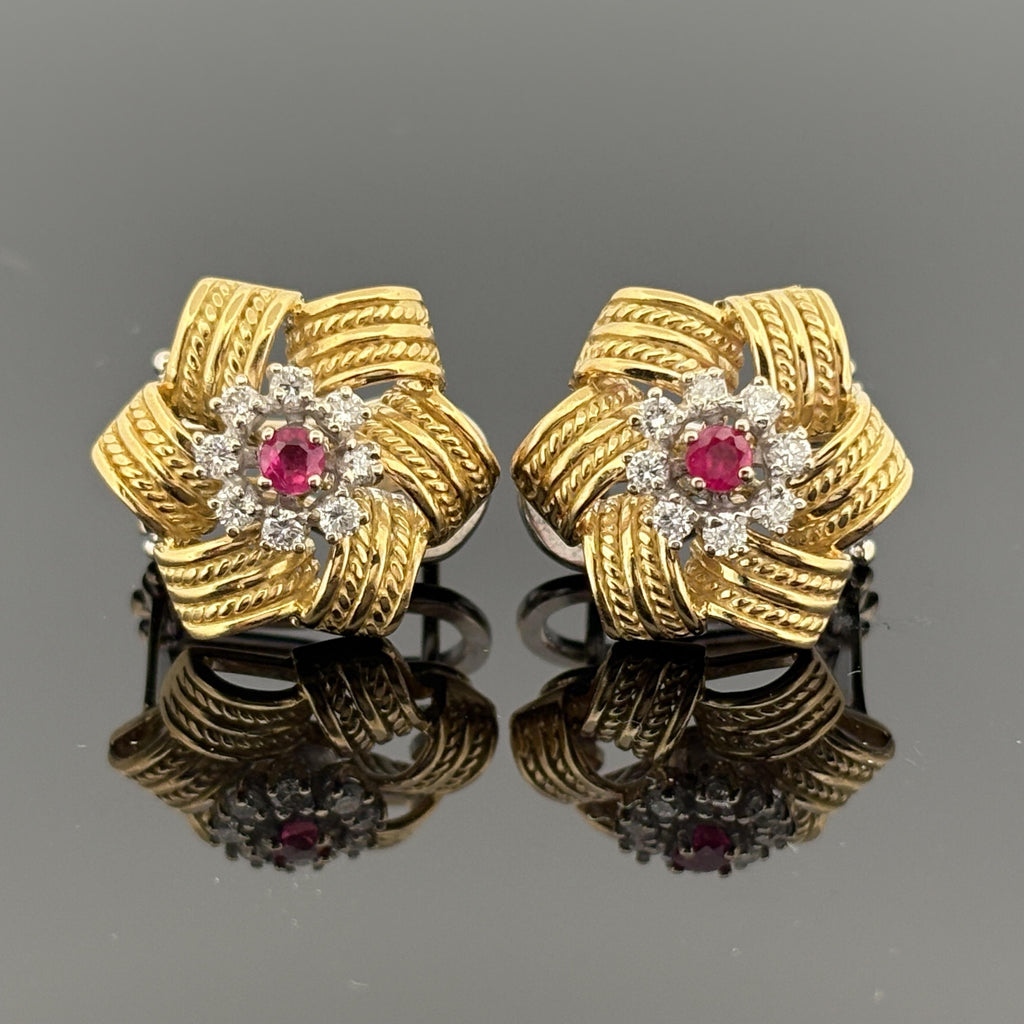 Vintage Rope Motif Ruby & Diamond Earrings 18k Gold