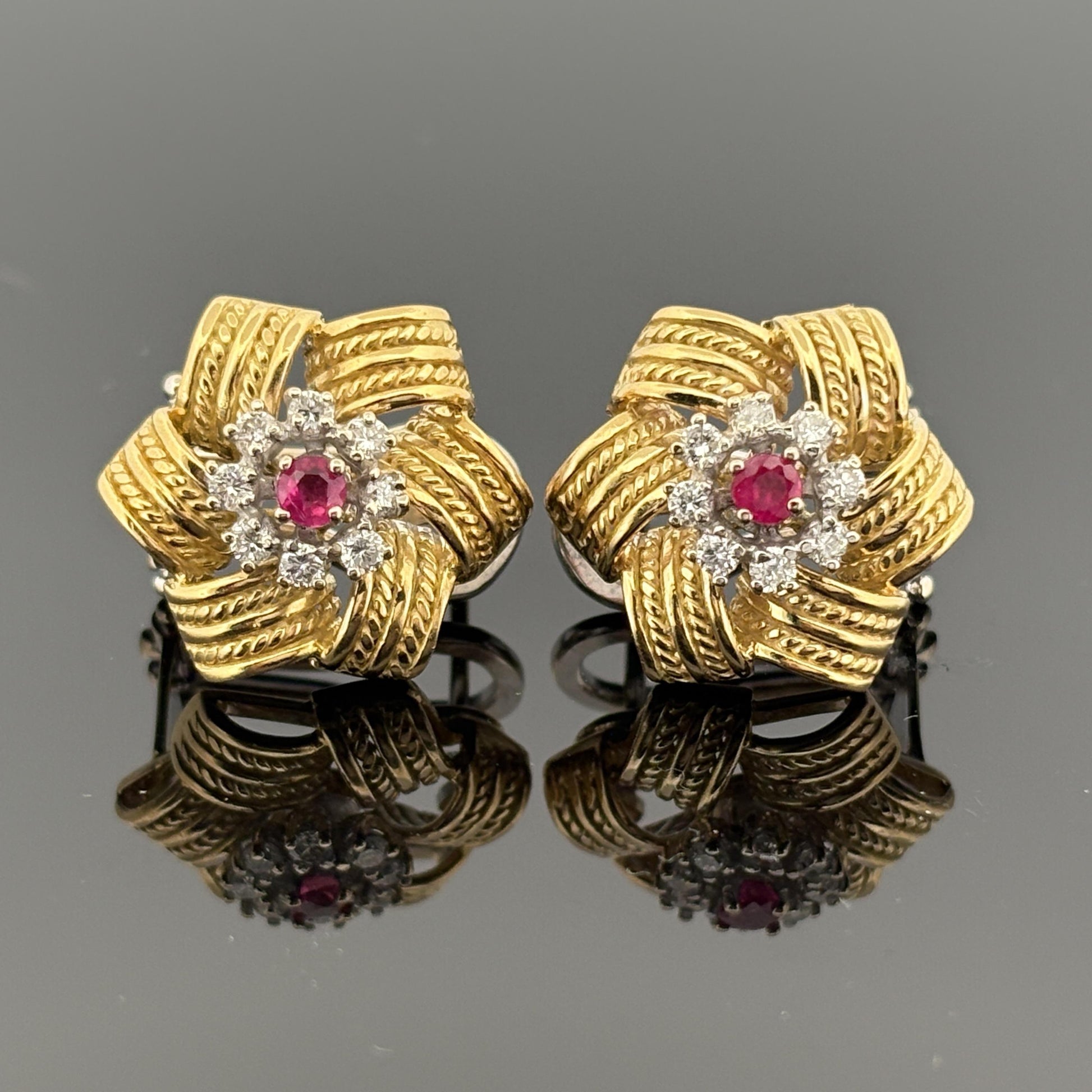 Vintage Rope Motif Ruby & Diamond Earrings 18k Gold