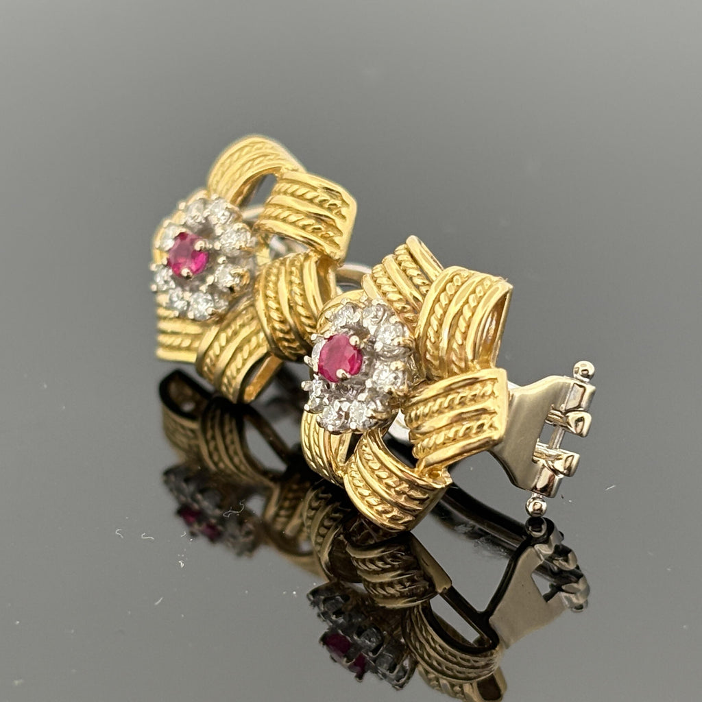 Vintage Rope Motif Ruby & Diamond Earrings 18k Gold