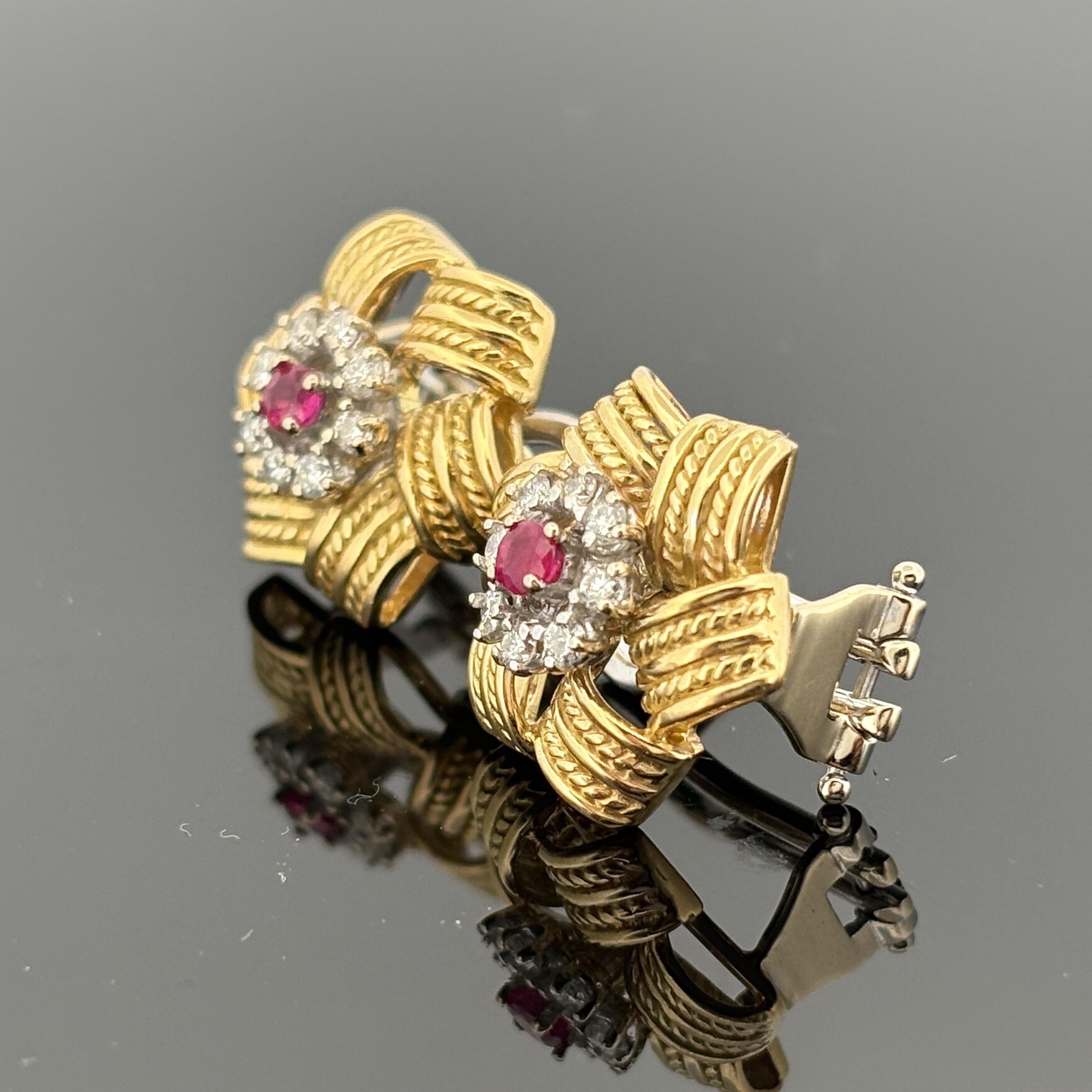 Vintage Rope Motif Ruby & Diamond Earrings 18k Gold