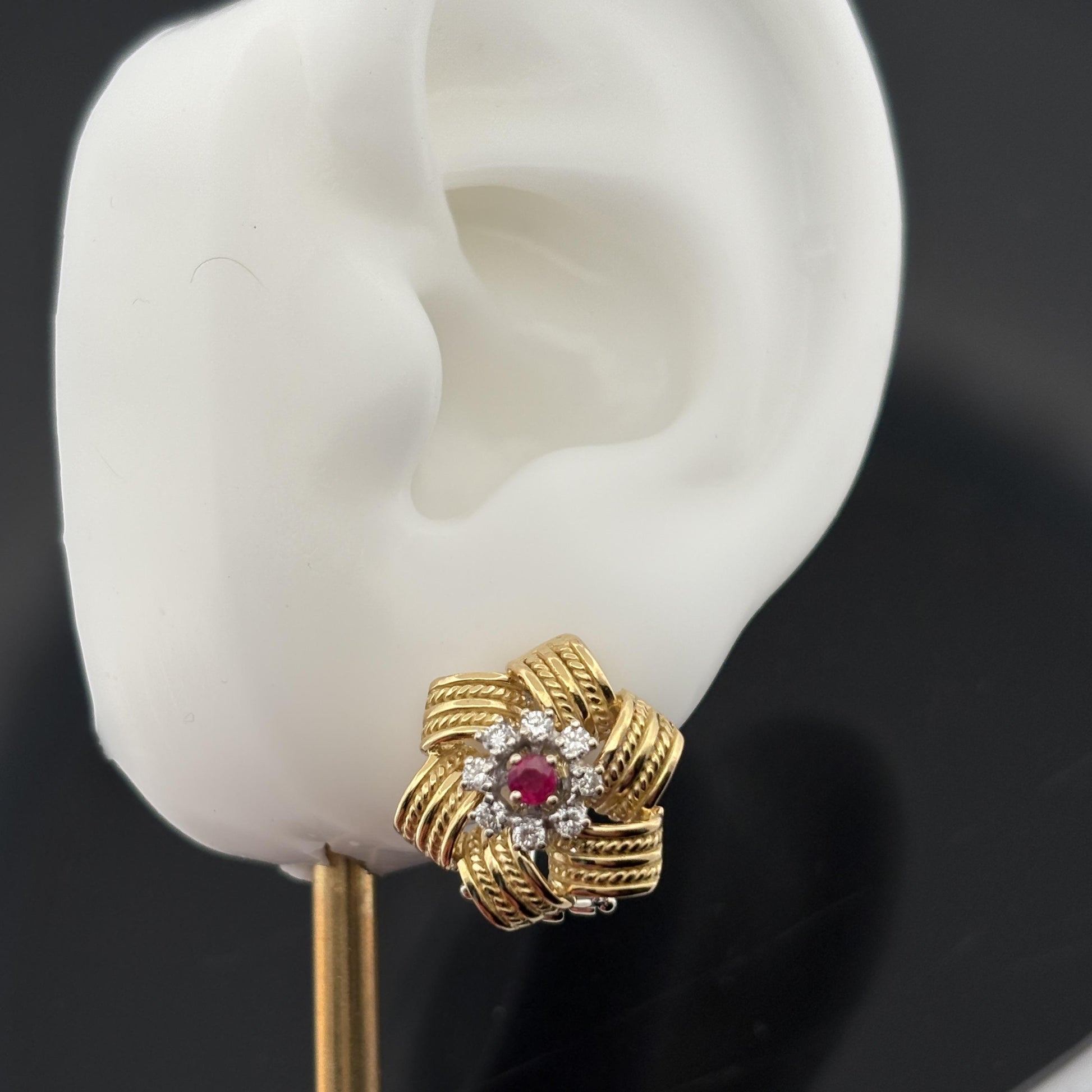 Vintage Rope Motif Ruby & Diamond Earrings 18k Gold