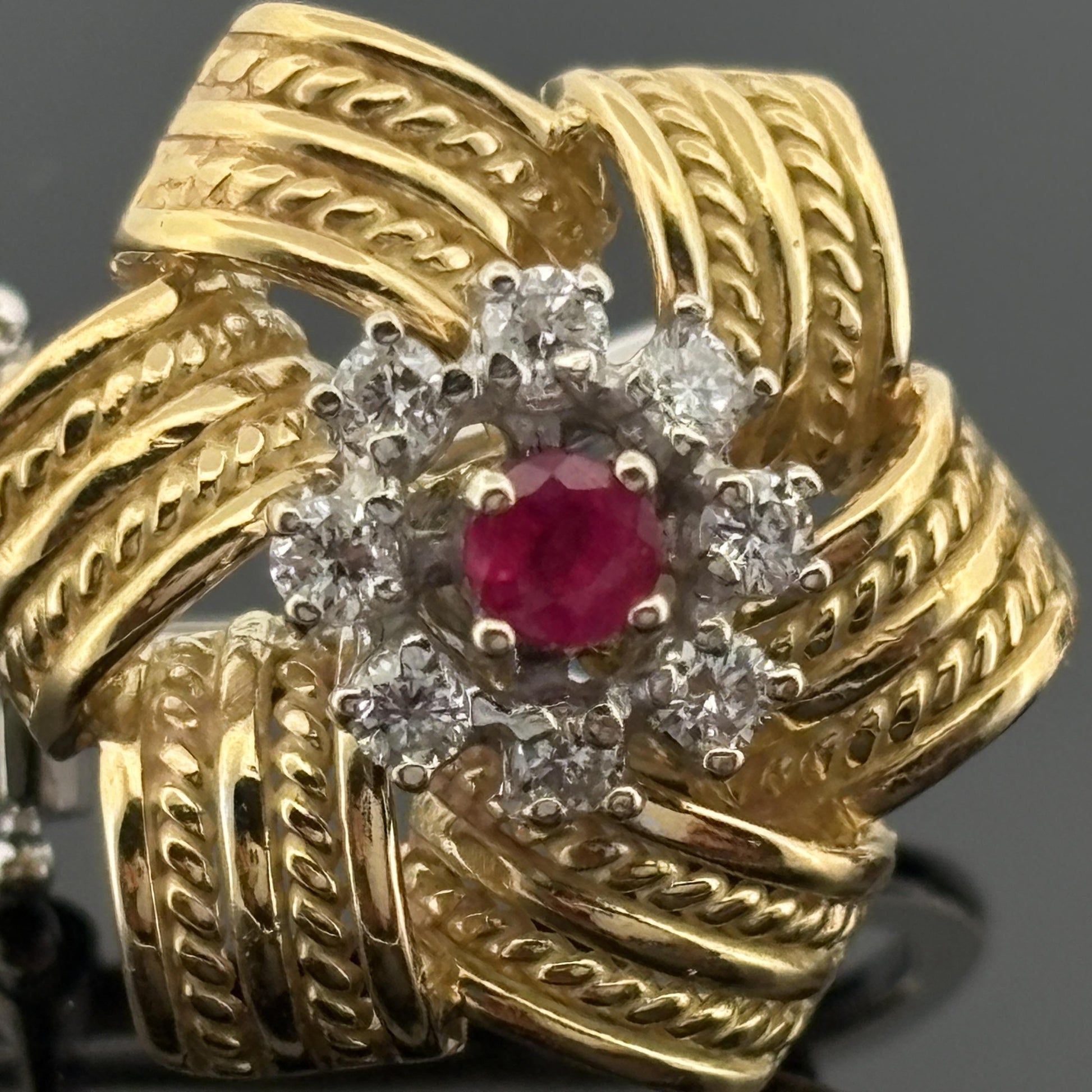 Vintage Rope Motif Ruby & Diamond Earrings 18k Gold