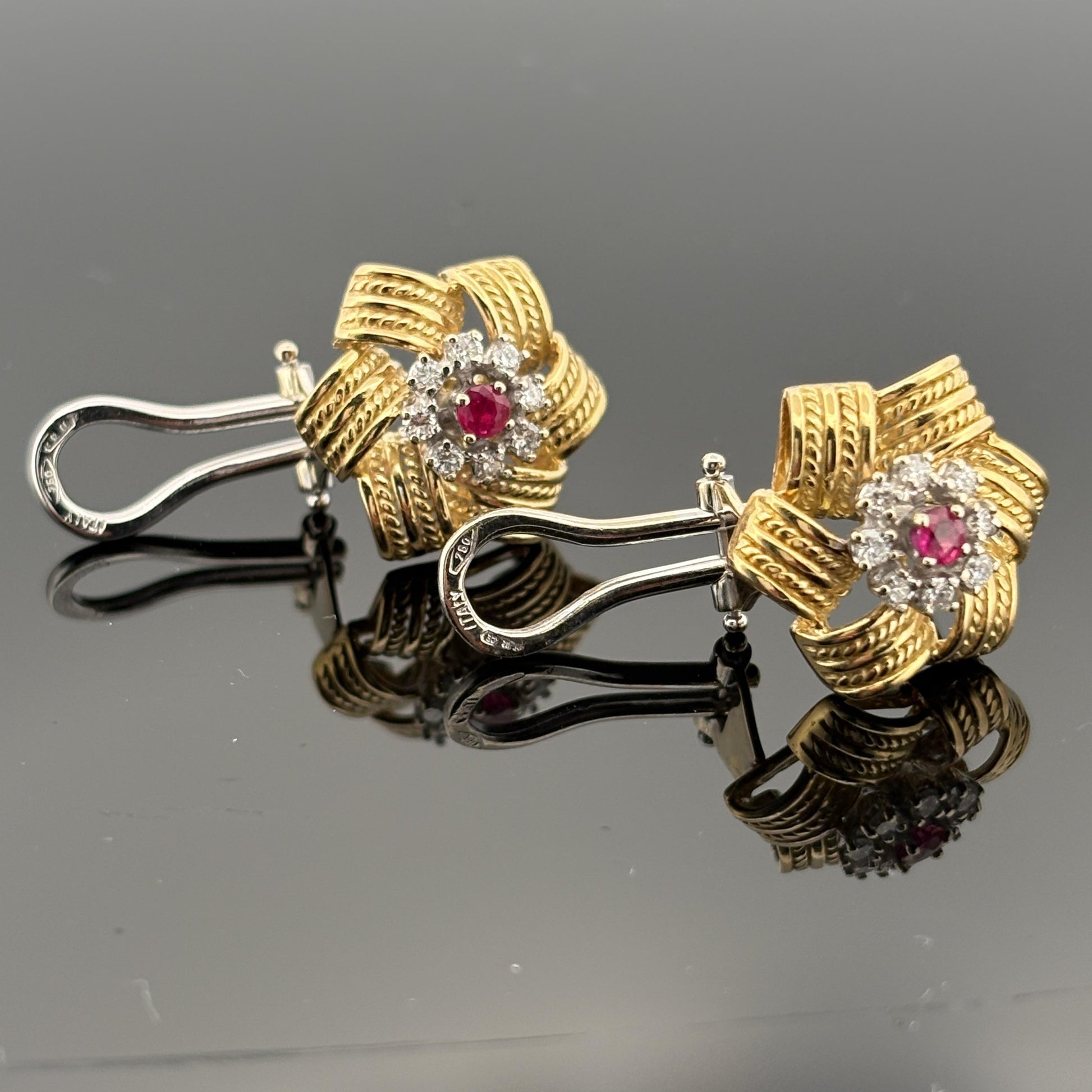 Vintage Rope Motif Ruby & Diamond Earrings 18k Gold
