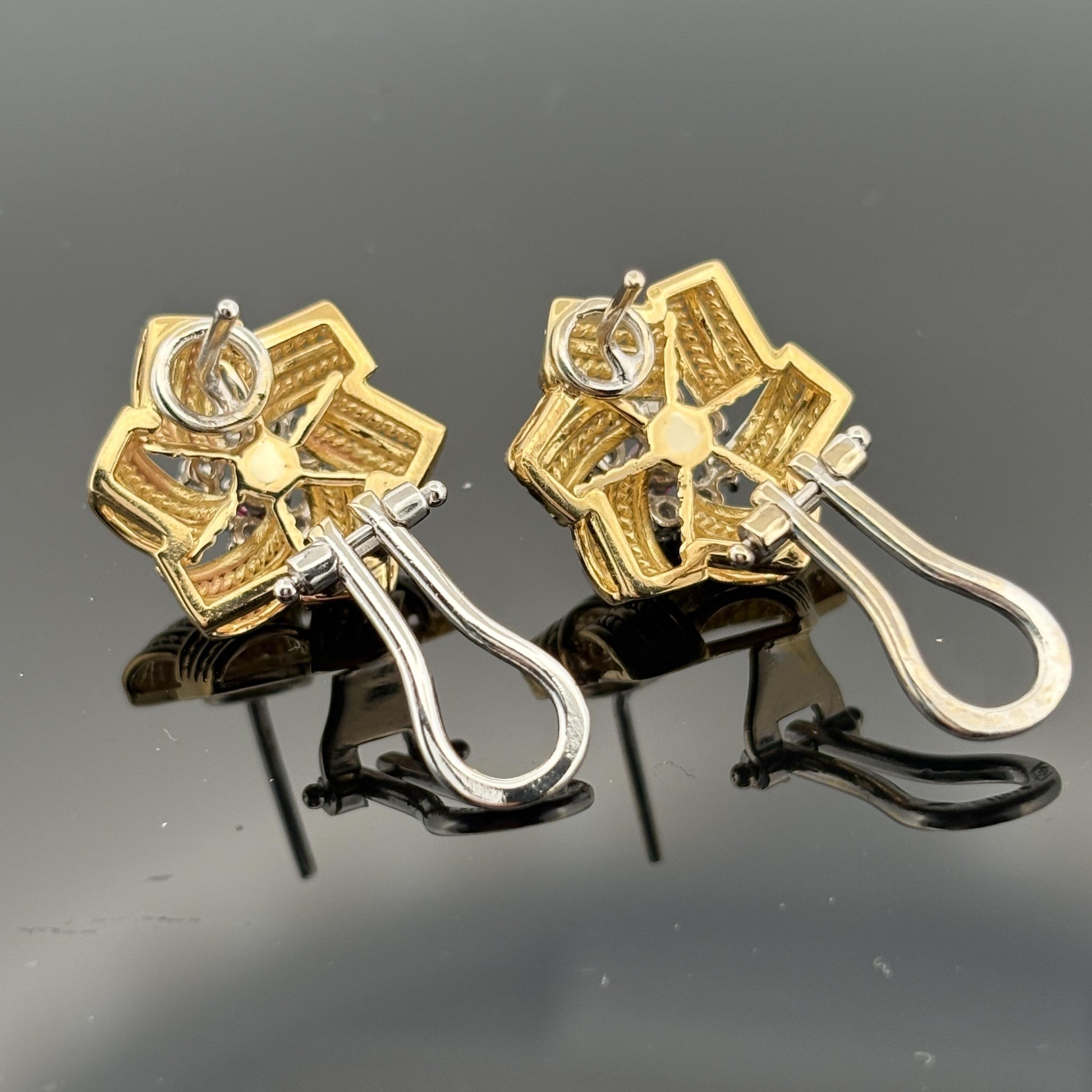 Vintage Rope Motif Ruby & Diamond Earrings 18k Gold