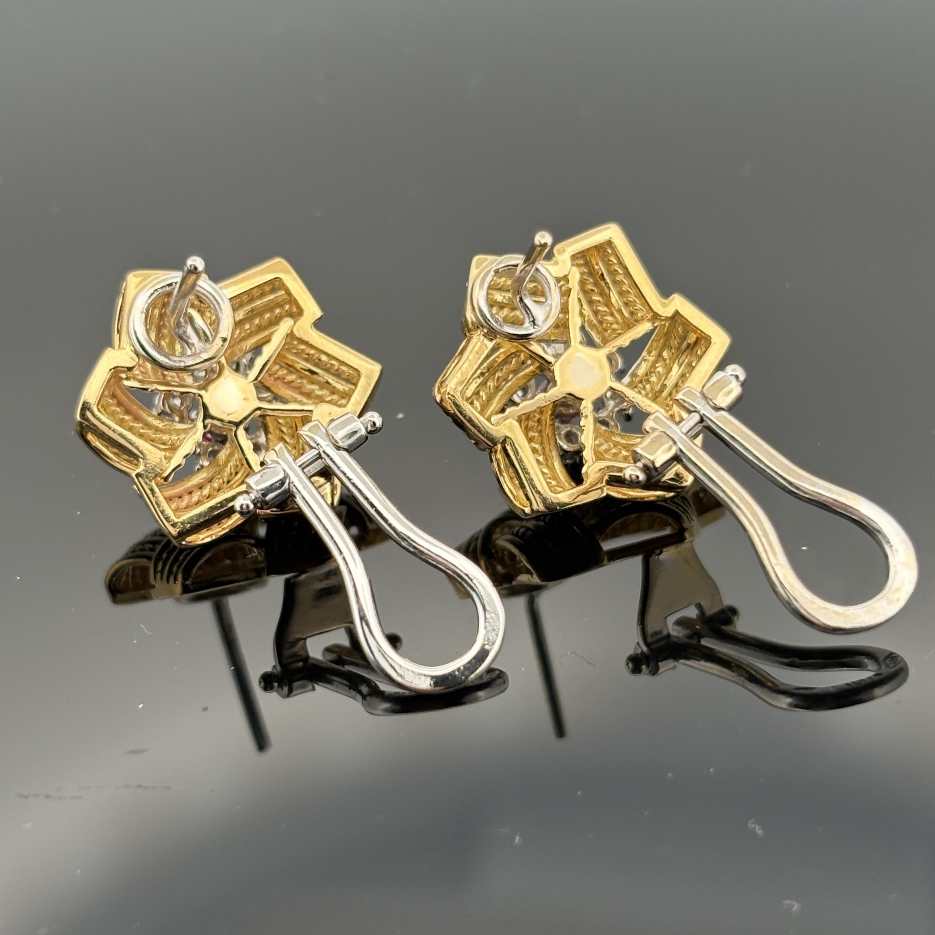 Vintage Rope Motif Ruby & Diamond Earrings 18k Gold