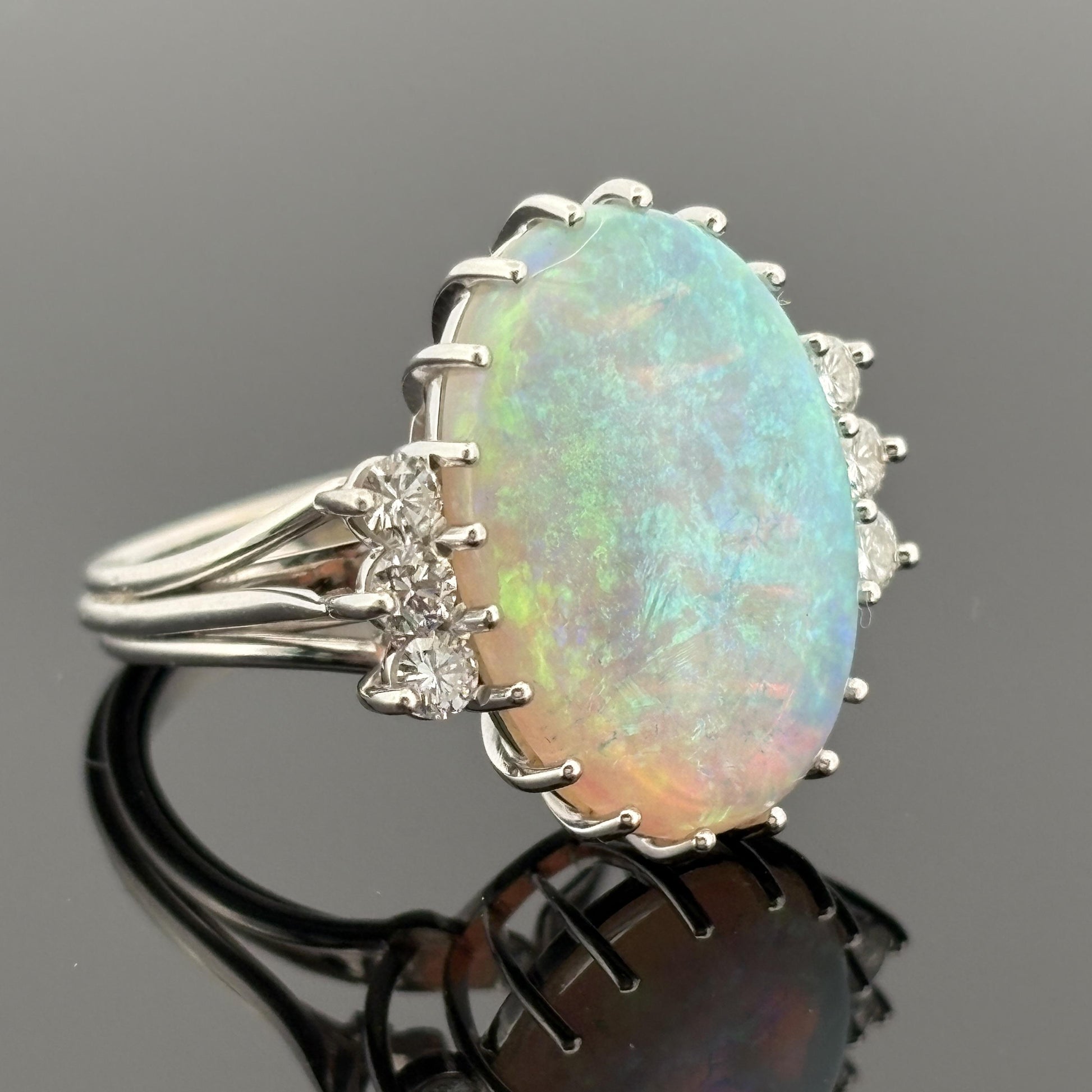 Vintage Mid-Century 6.70ct Crystal Opal Platinum & Diamond Ring