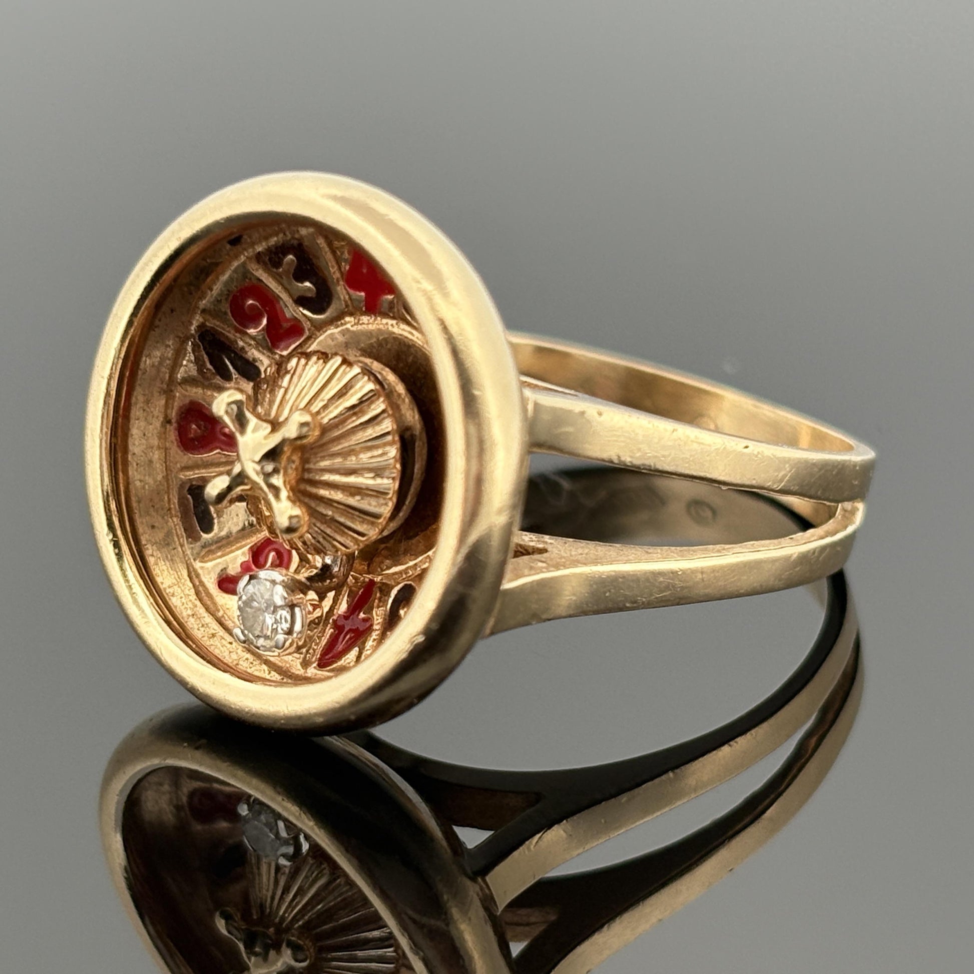 Vintage Roulette Spinning Diamond Enamel Ring 14k Gold