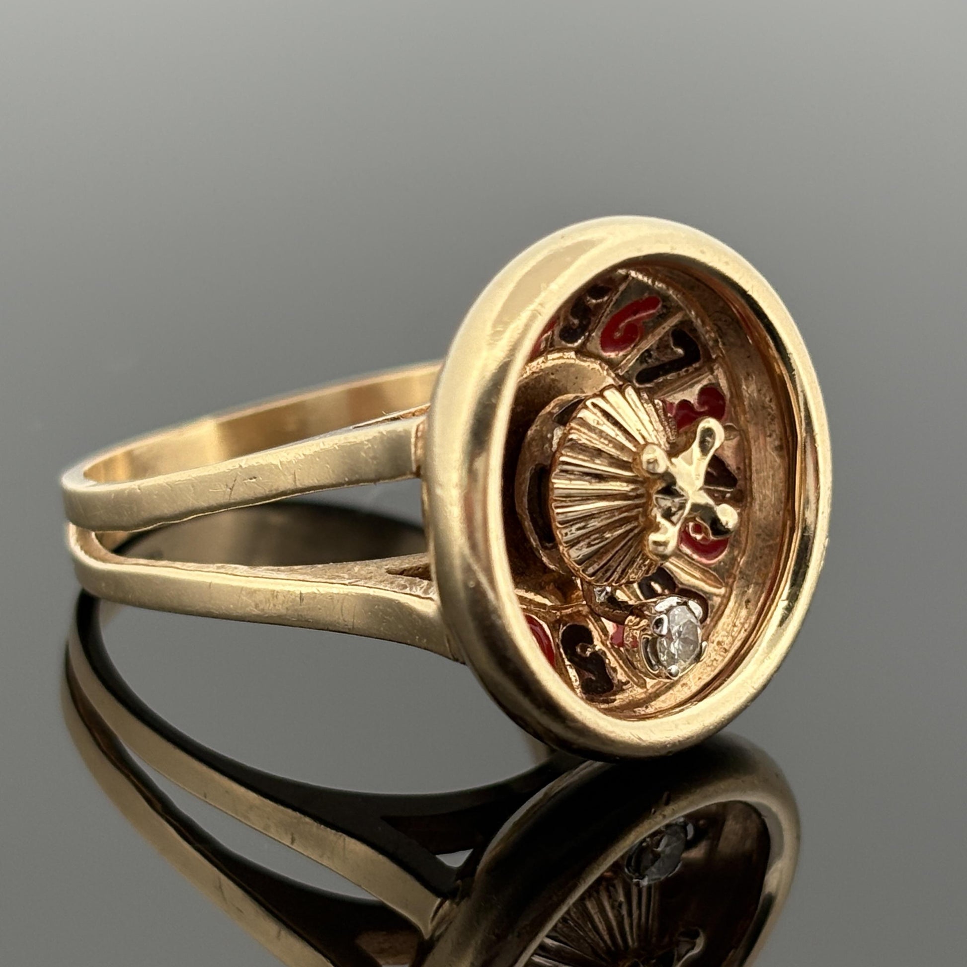 Vintage Roulette Spinning Diamond Enamel Ring 14k Gold
