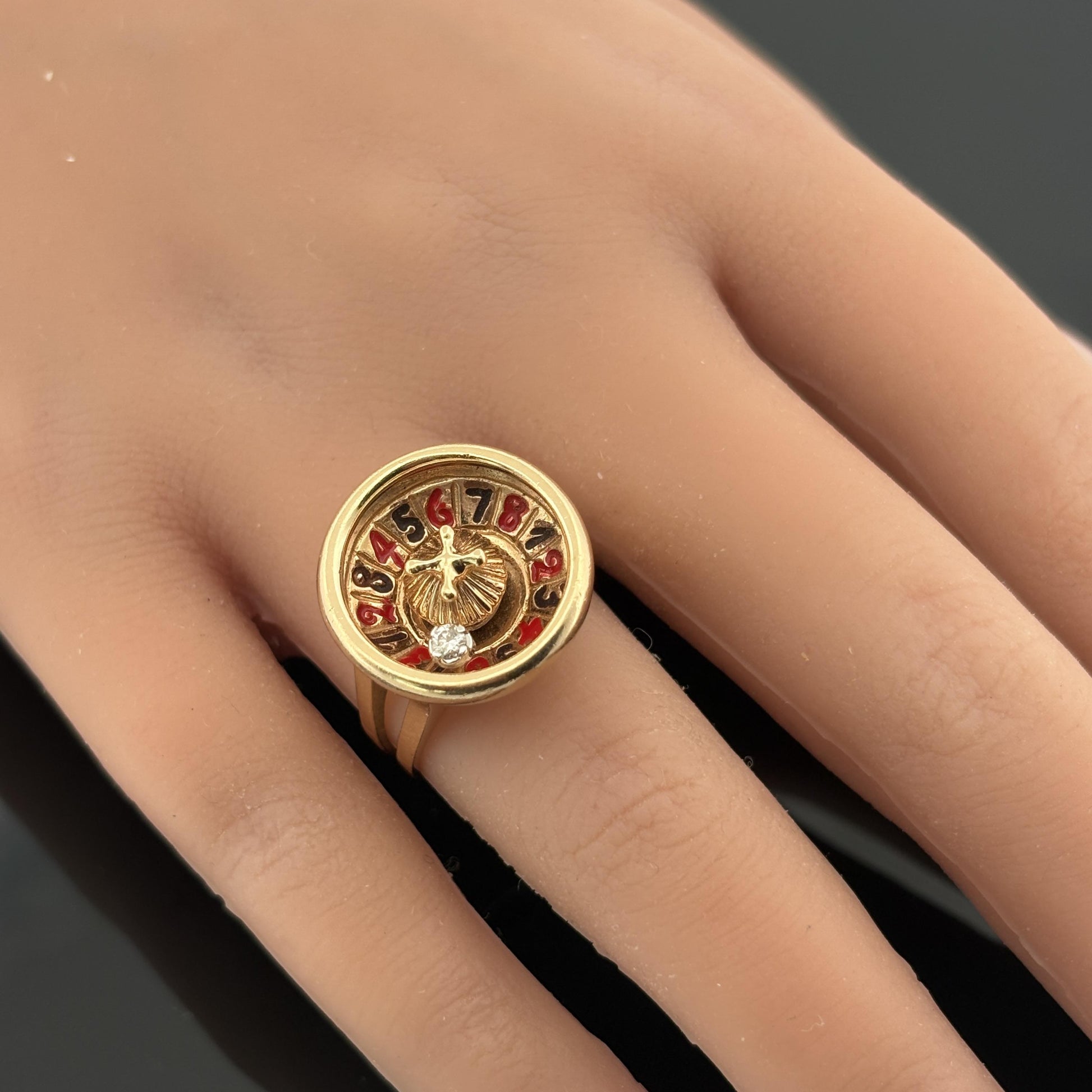 Vintage Roulette Spinning Diamond Enamel Ring 14k Gold