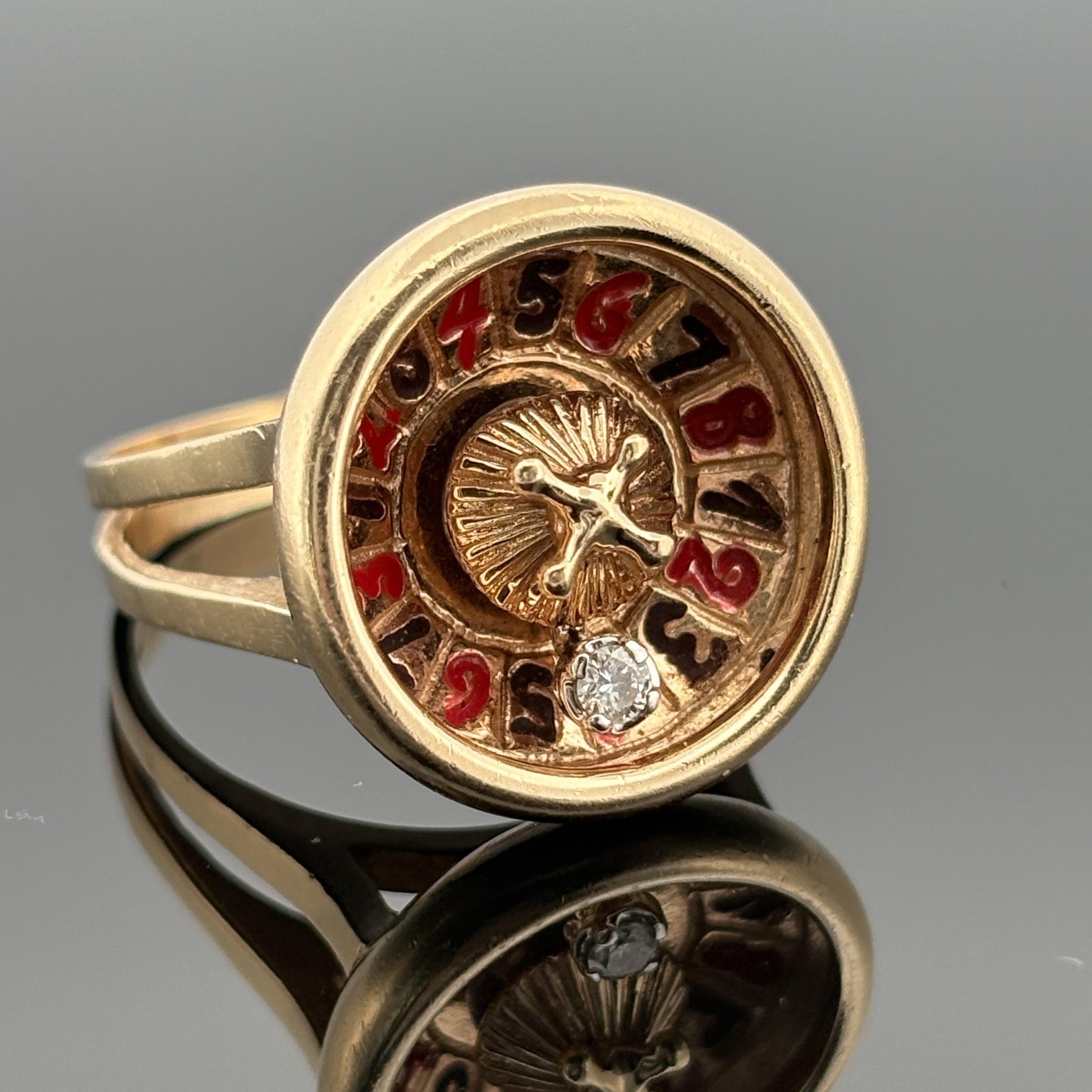 Vintage Roulette Spinning Diamond Enamel Ring 14k Gold