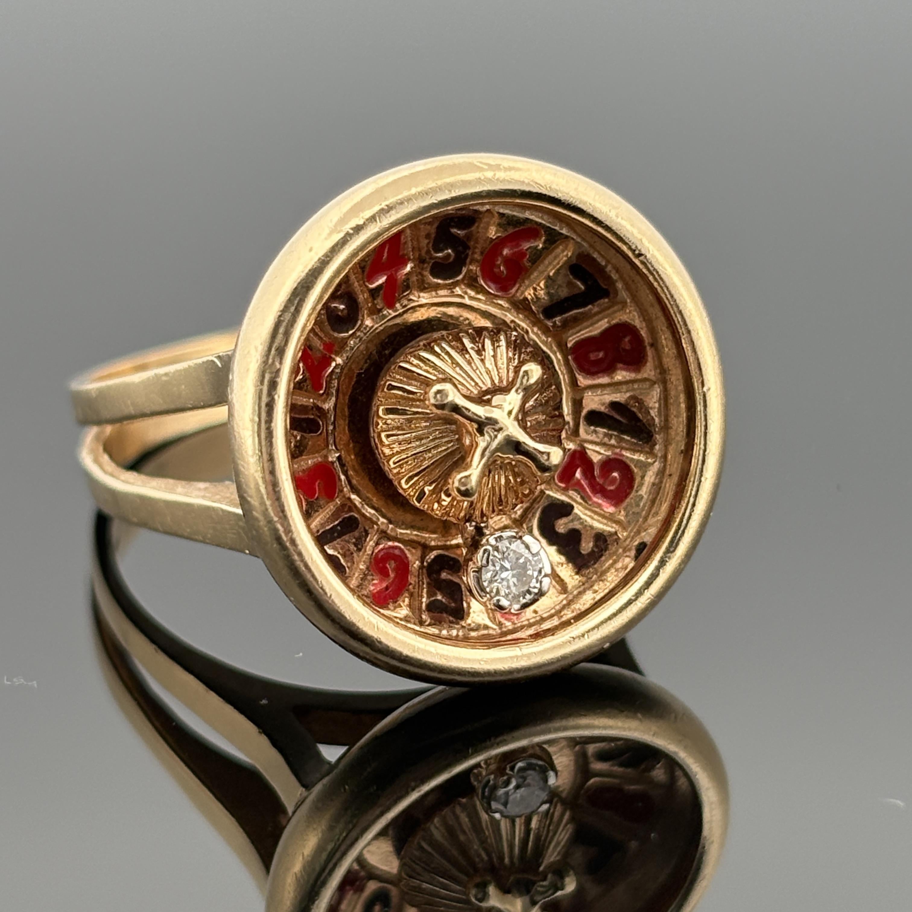 Vintage Roulette Spinning Diamond Enamel Ring 14k Gold