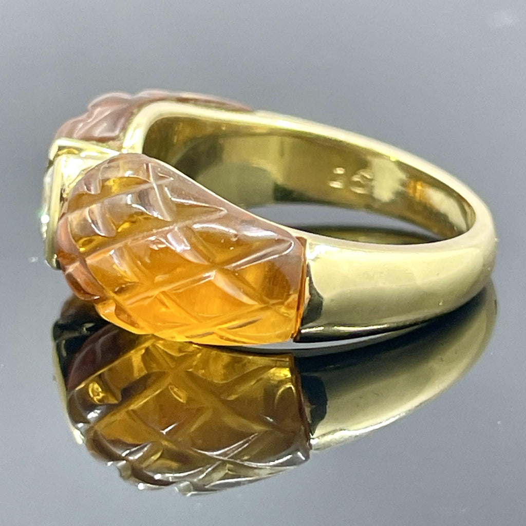 Vintage French Diamond & Carved Citrine 18k Yellow Gold Ring