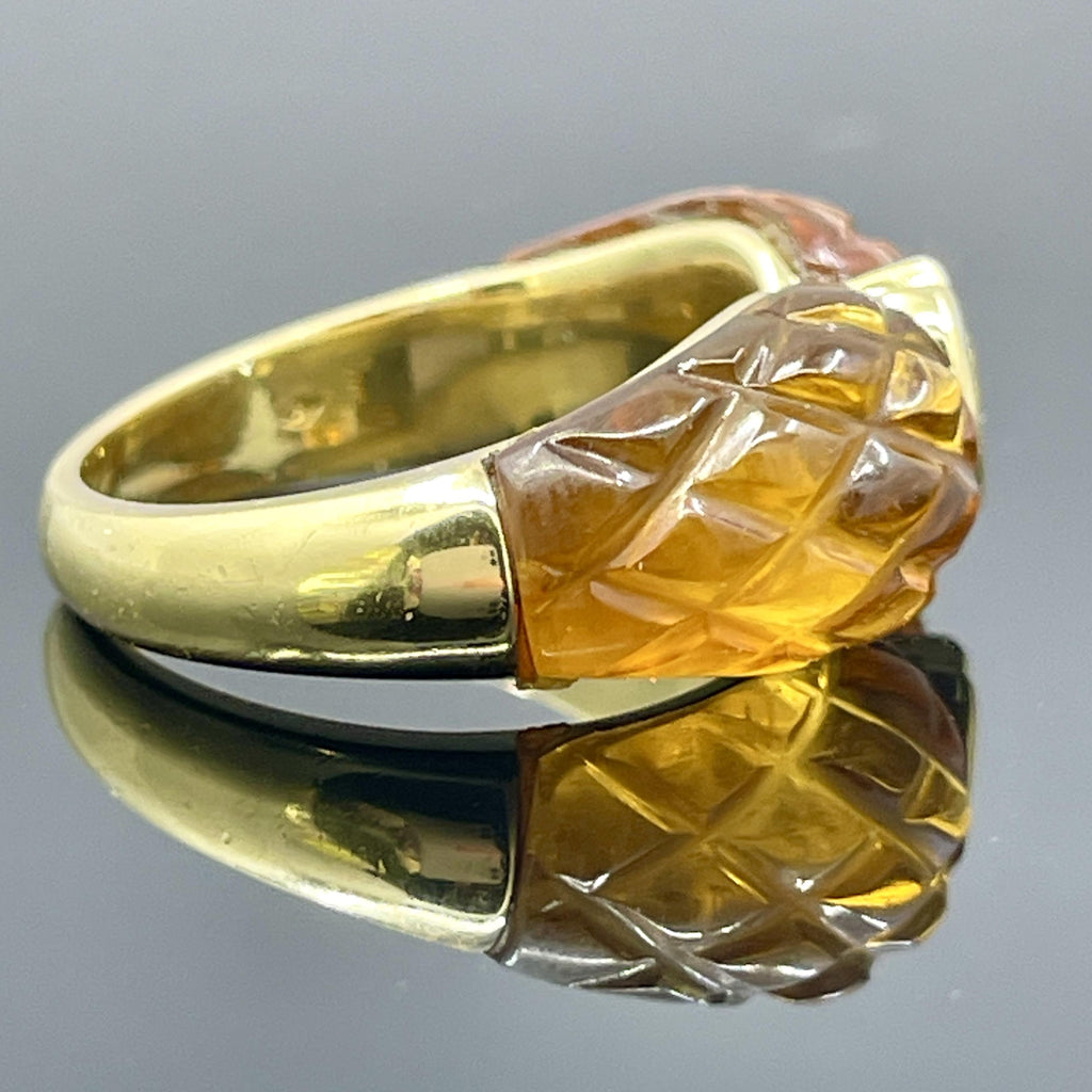 Vintage French Diamond & Carved Citrine 18k Yellow Gold Ring