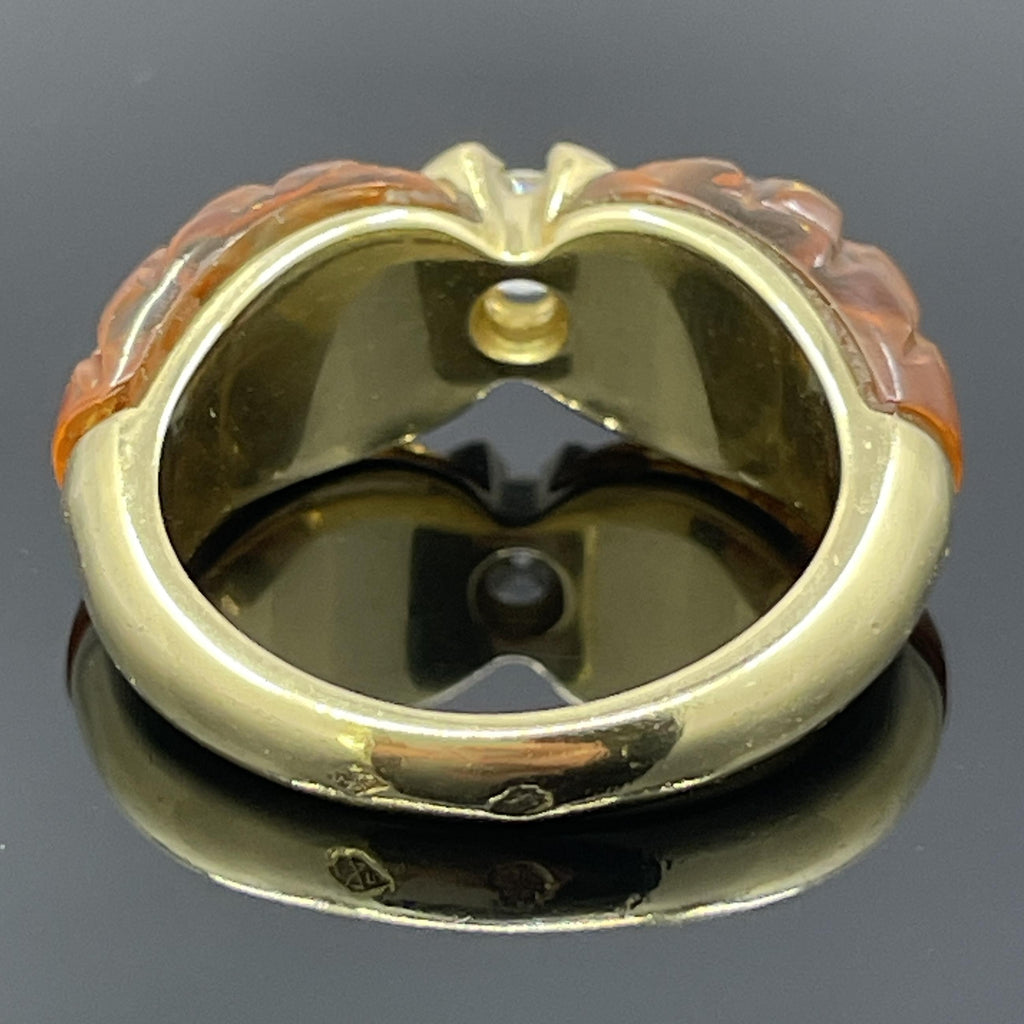 Vintage French Diamond & Carved Citrine 18k Yellow Gold Ring