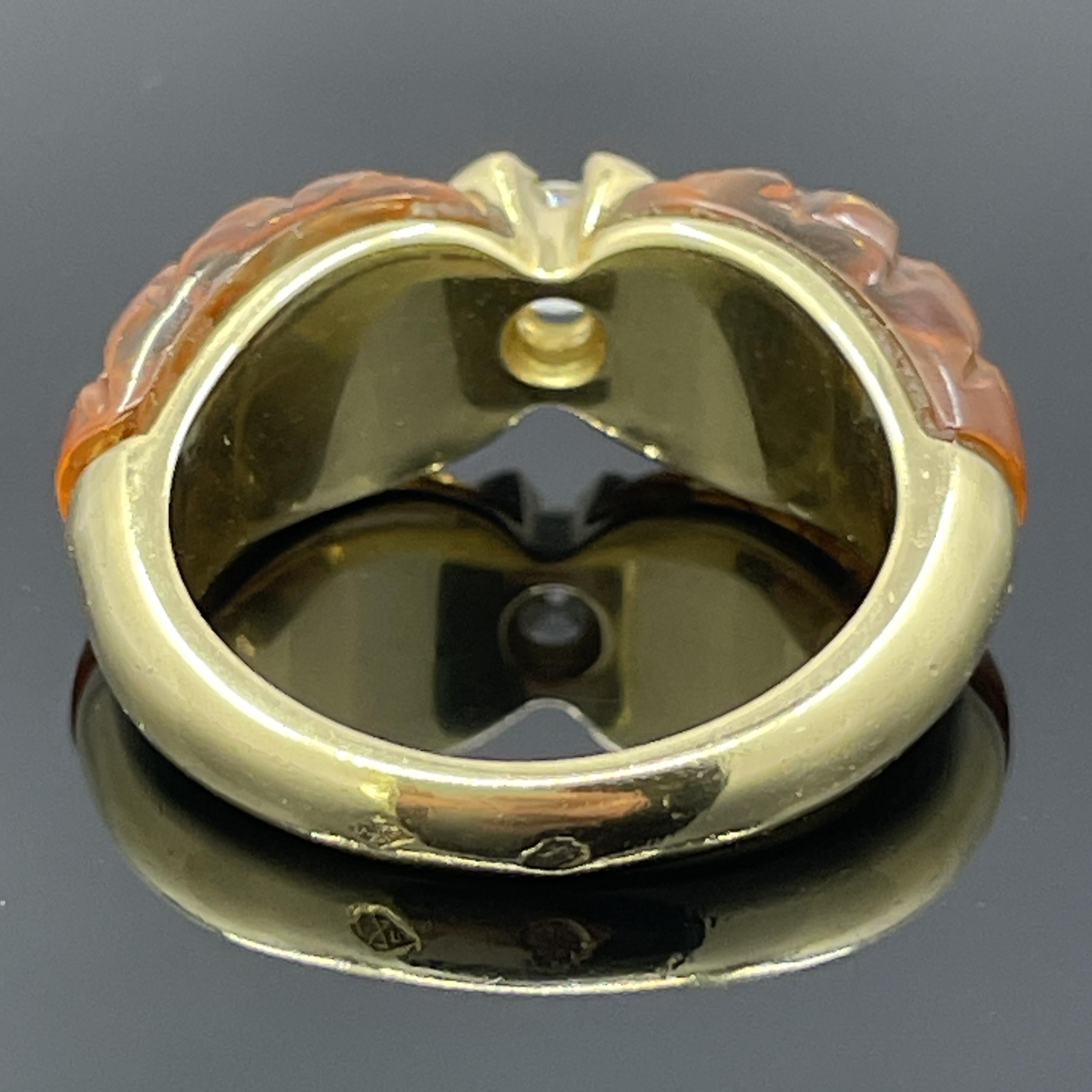 Vintage French Diamond & Carved Citrine 18k Yellow Gold Ring