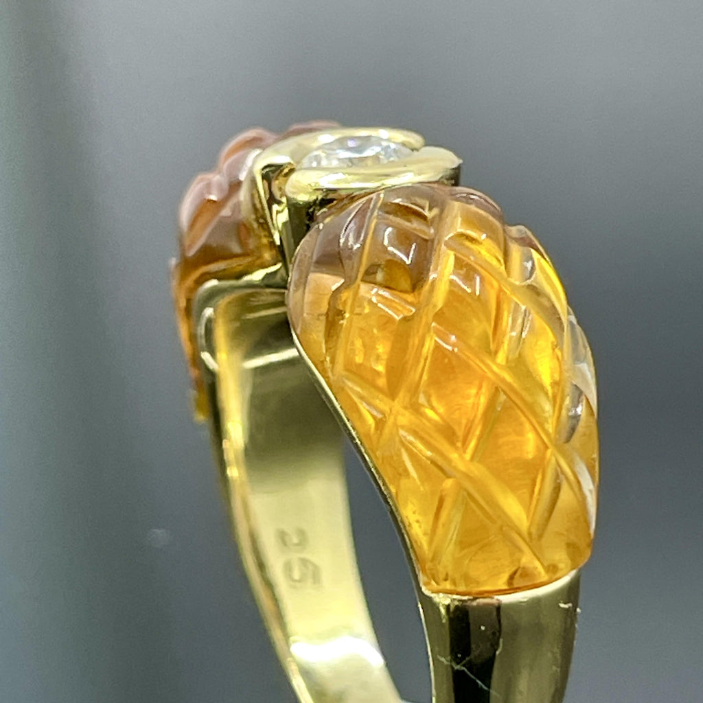 Vintage French Diamond & Carved Citrine 18k Yellow Gold Ring