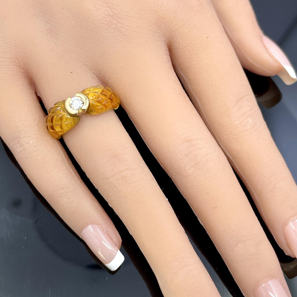 Vintage French Diamond & Carved Citrine 18k Yellow Gold Ring