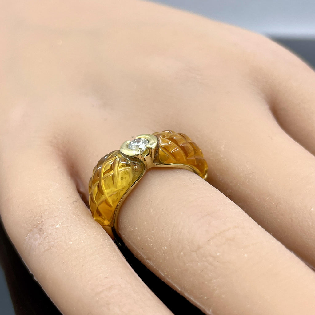 Vintage French Diamond & Carved Citrine 18k Yellow Gold Ring