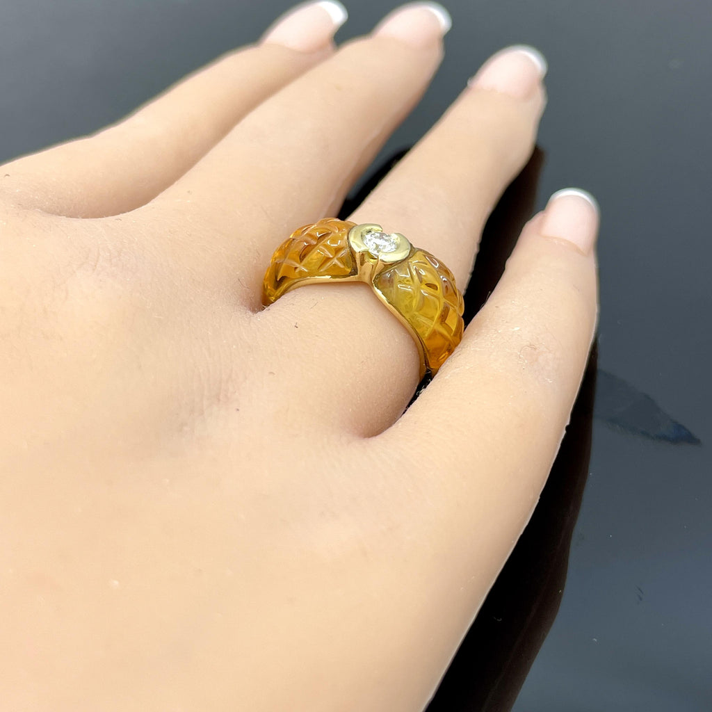 Vintage French Diamond & Carved Citrine 18k Yellow Gold Ring