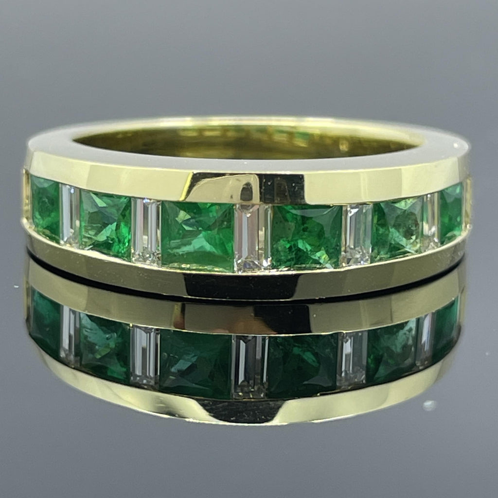 Estate French-Cut Emerald & Diamond Baguette 18k Yellow Gold Band