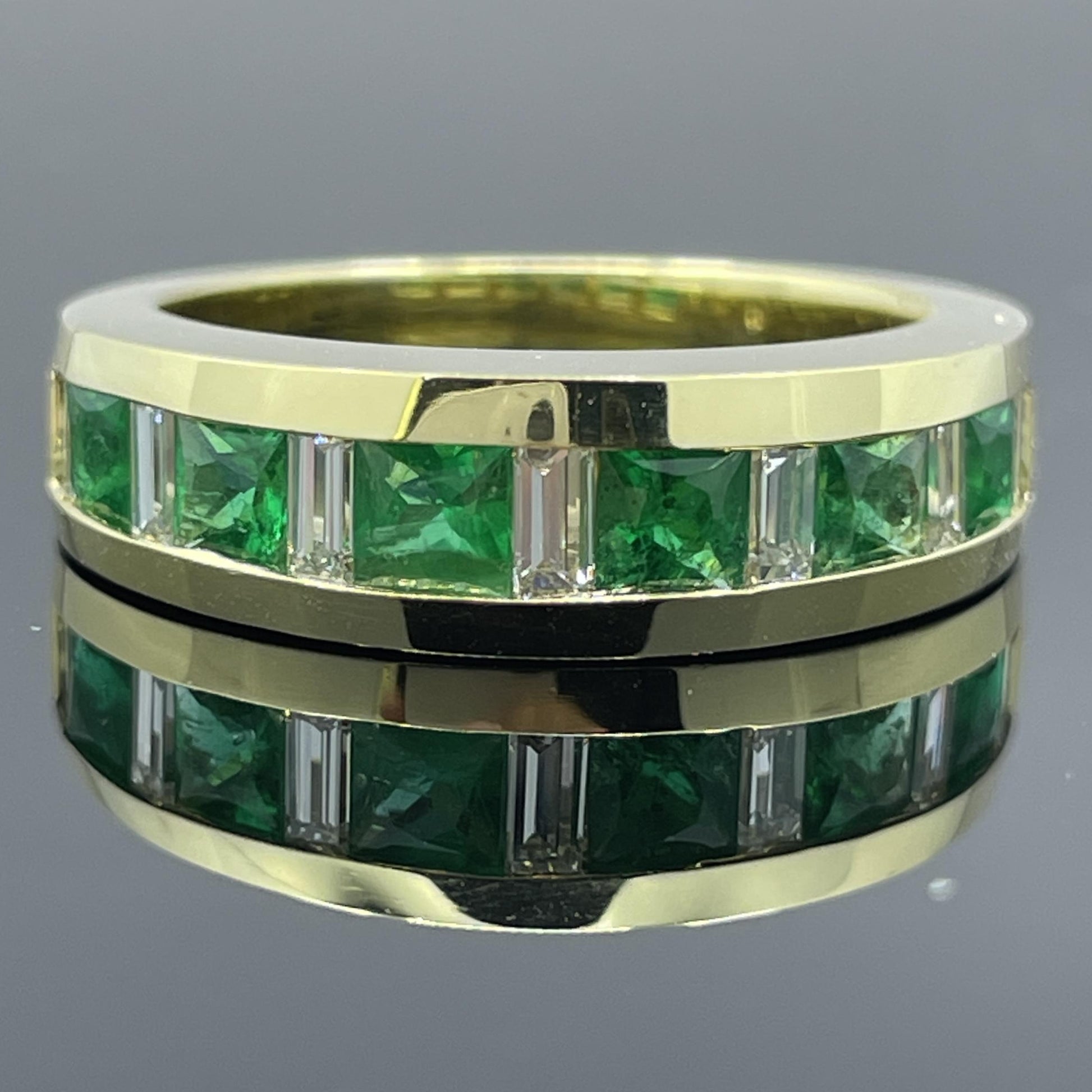 Estate French-Cut Emerald & Diamond Baguette 18k Yellow Gold Band